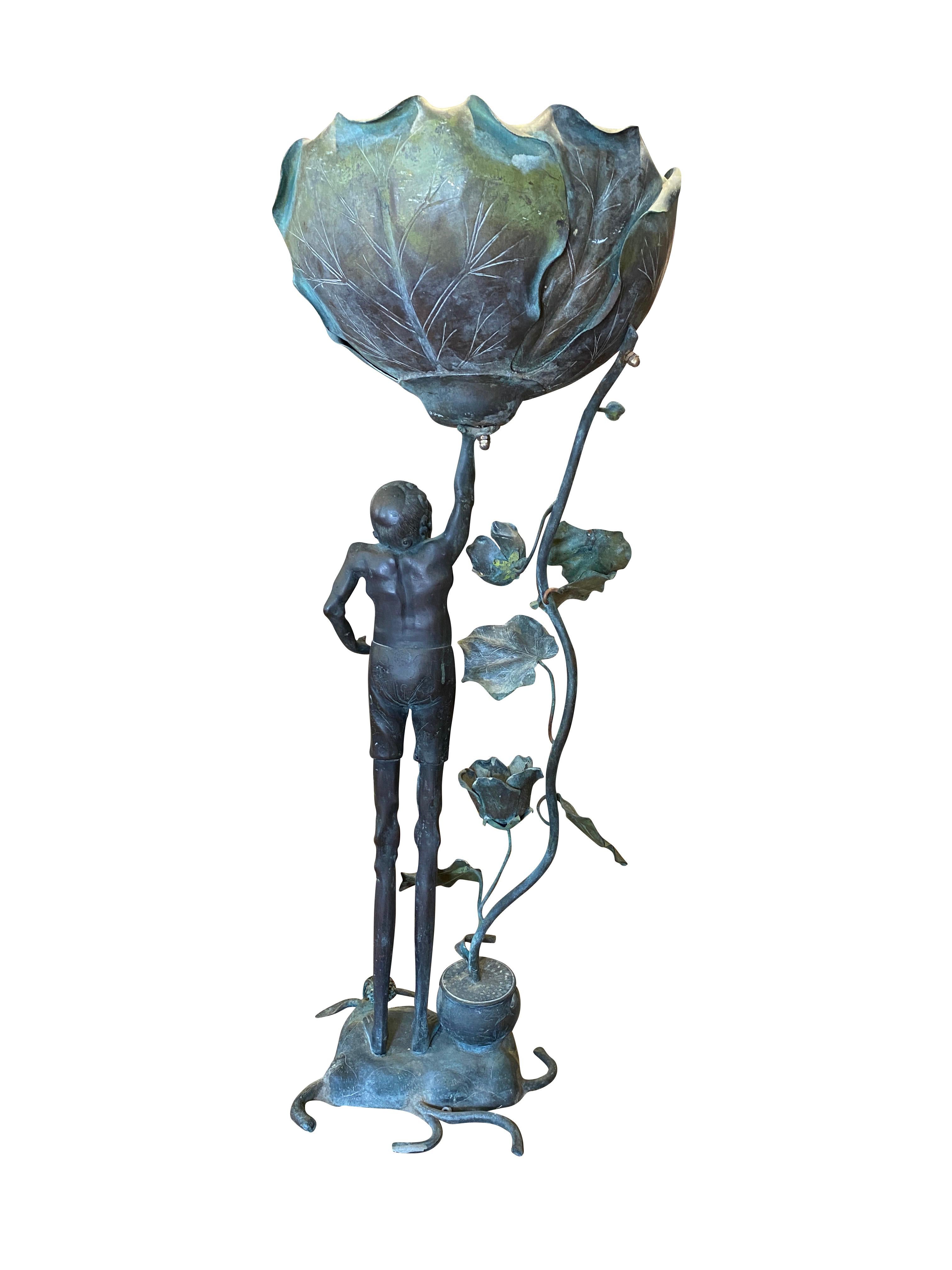 Bronze Figure of Ashinaga Holding a Lotus Garden Ornament In Good Condition In Essex, MA