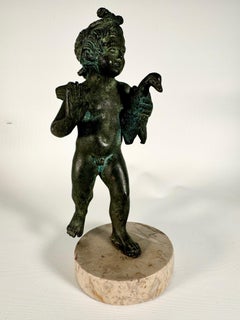 Bronze Cupid Sculpture with Goose on Marble Base, Italian, 1910
