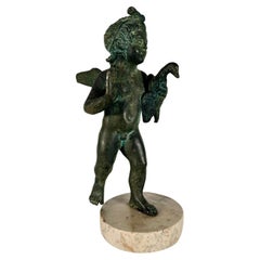 Antique Bronze Figure of Cupid, a Goose Under His Arm