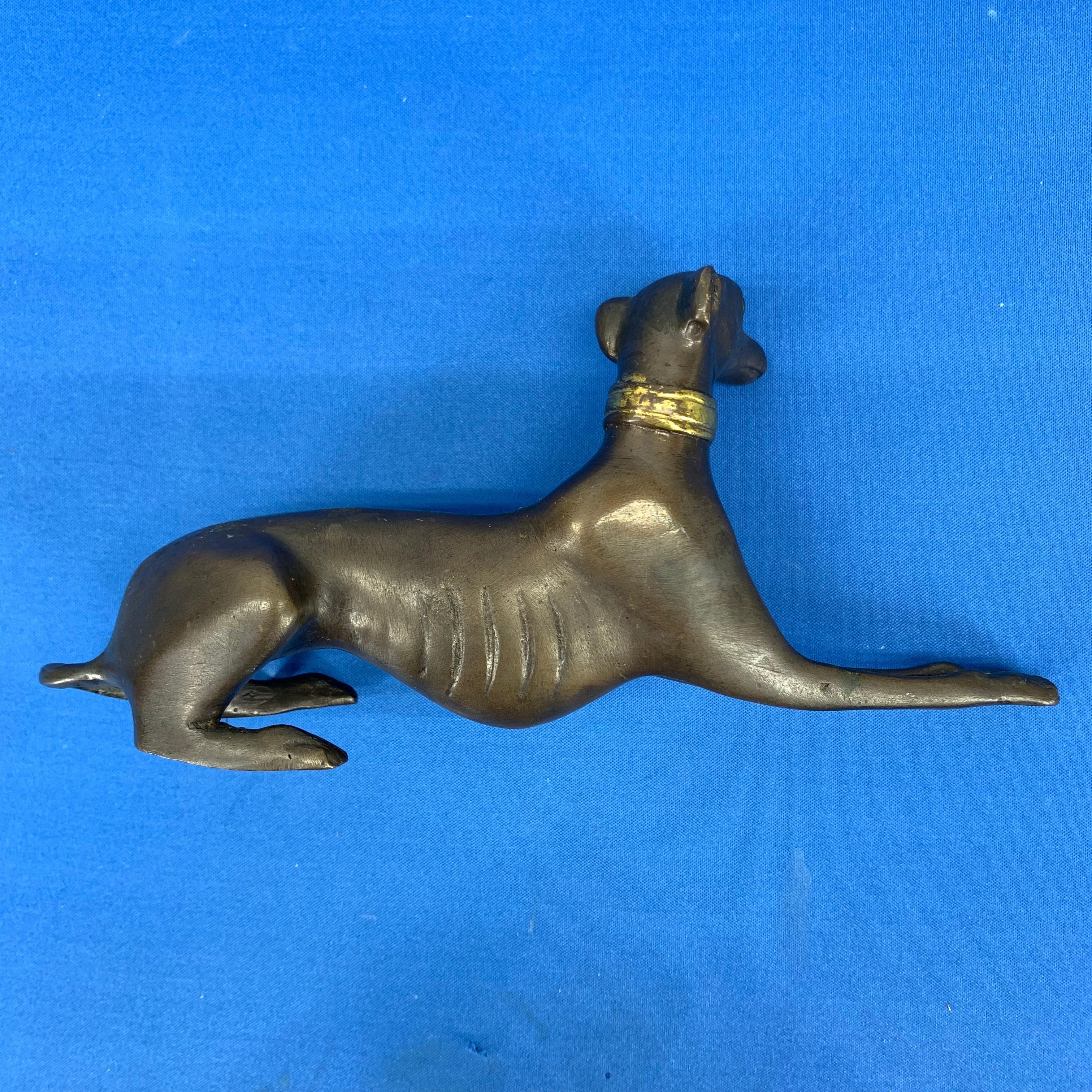 Bronze Figure Of A Lying Down Greyhound With Gilded Collar 5