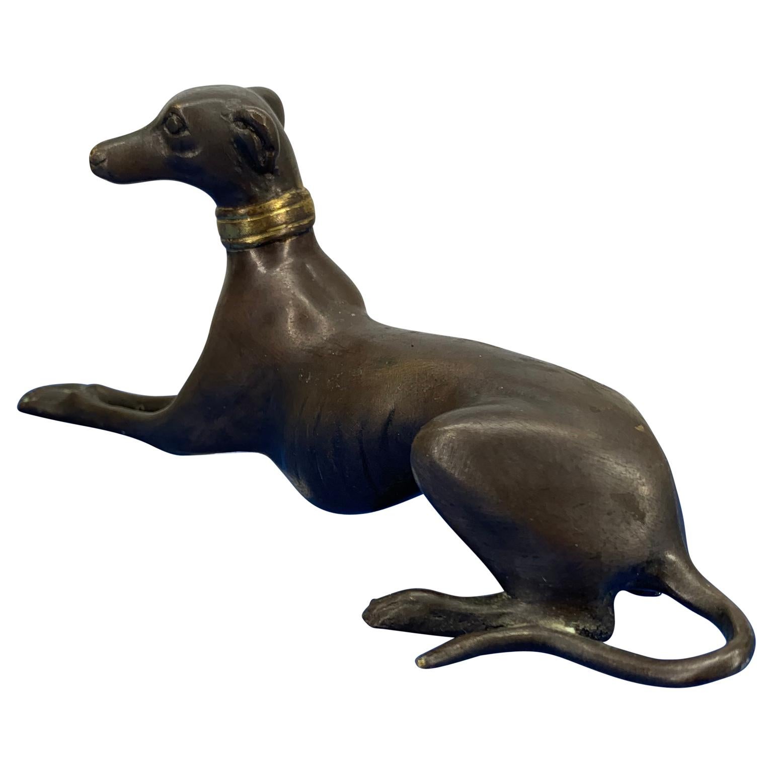 English Bronze Figure Of A Lying Down Greyhound With Gilded Collar