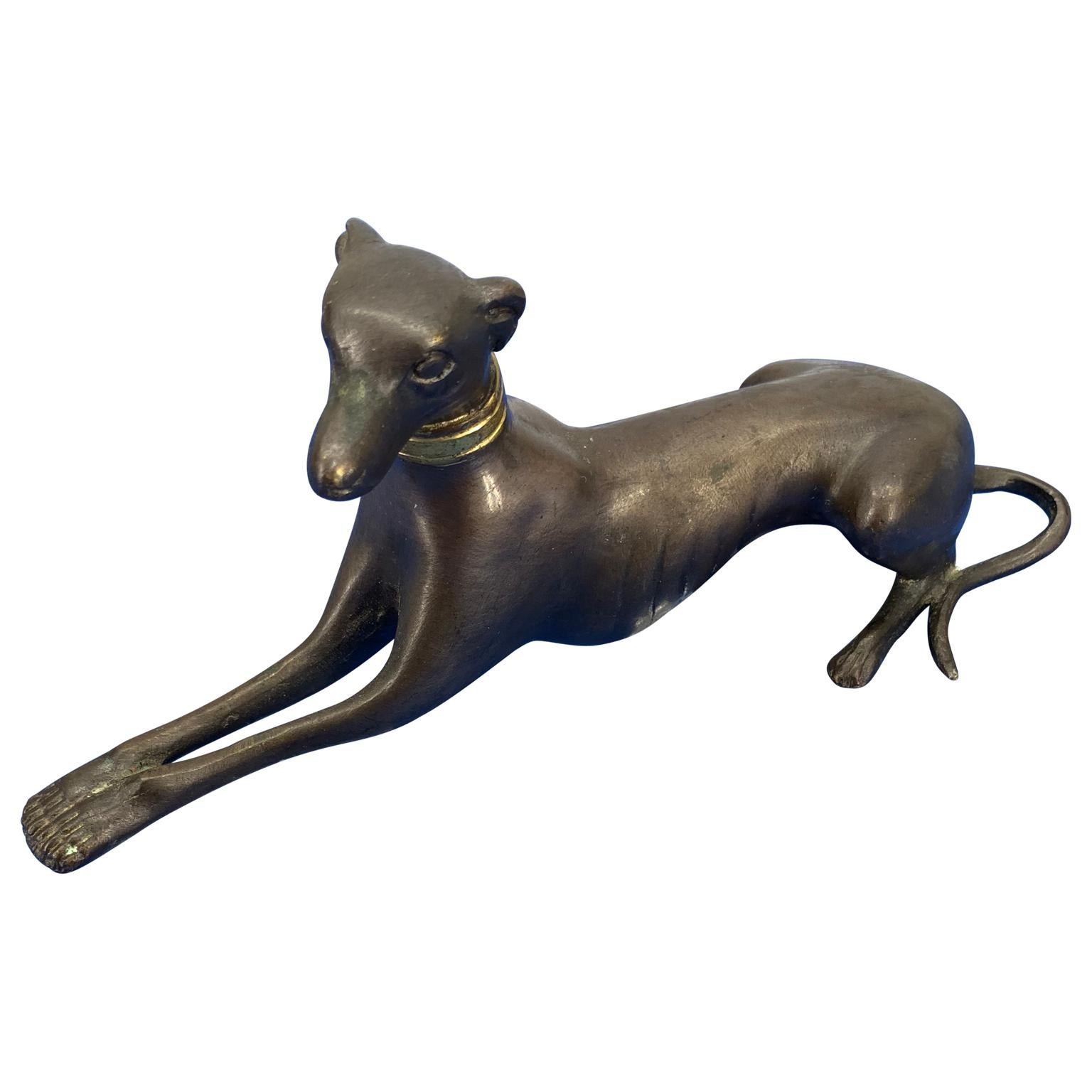 Cast Bronze Figure Of A Lying Down Greyhound With Gilded Collar