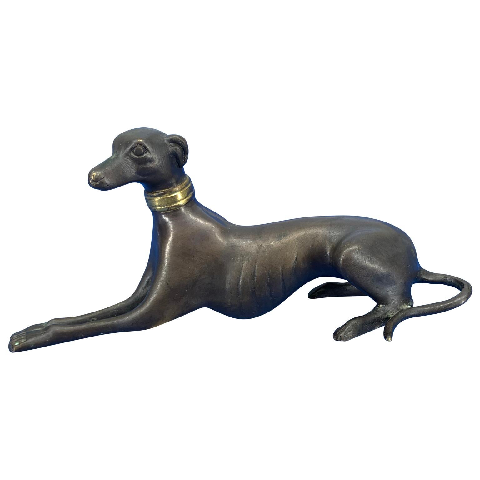Bronze Figure Of A Lying Down Greyhound With Gilded Collar In Good Condition In Haddonfield, NJ