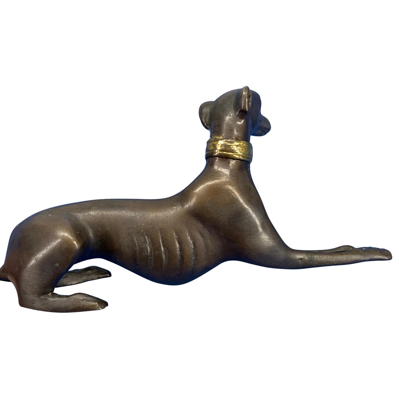 Early 20th Century Bronze Figure Of A Lying Down Greyhound With Gilded Collar