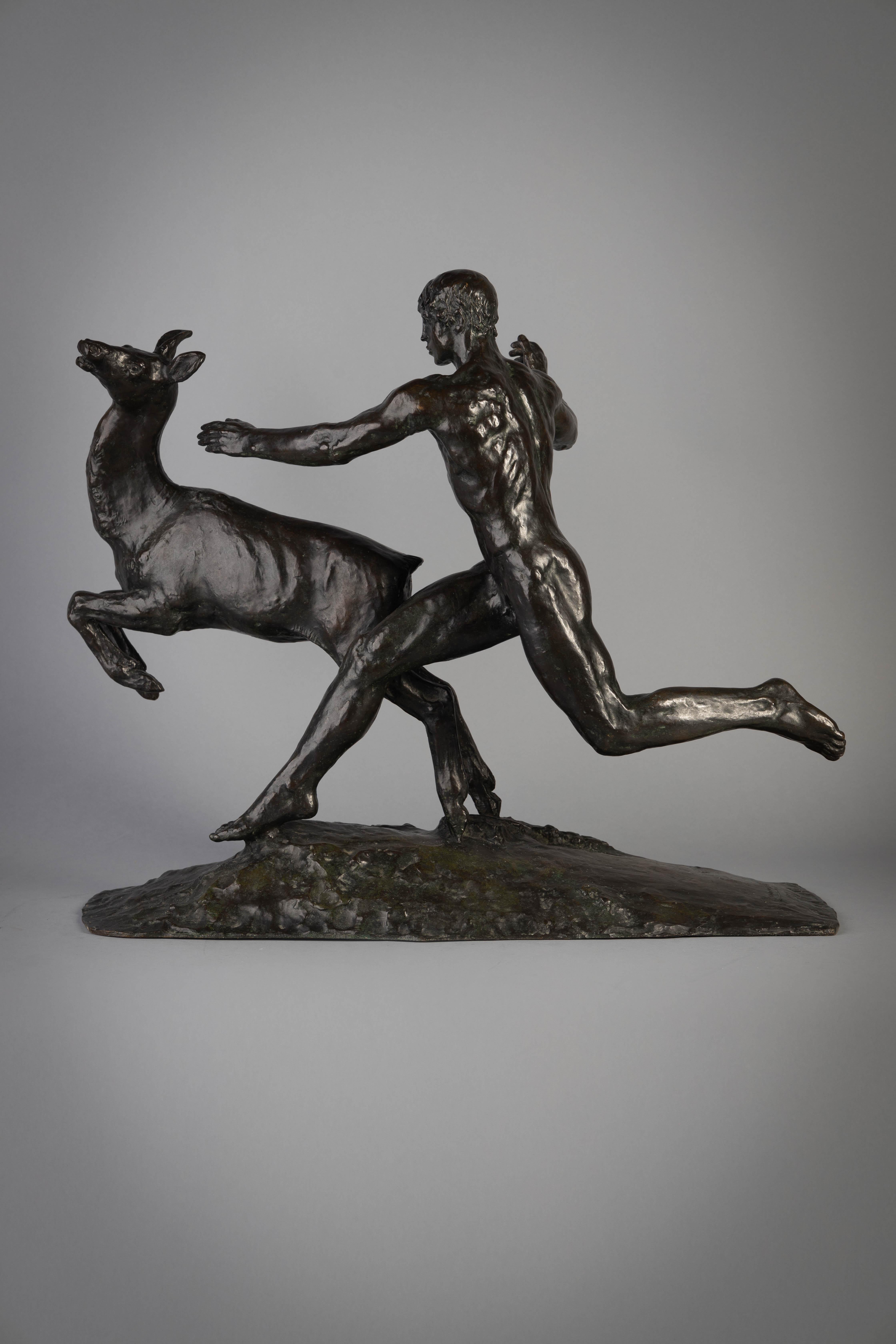 Bronze Figure of Hercules Pursuing The Kerinyan Hind Bronze, Dated 1922 In Good Condition In New York, NY