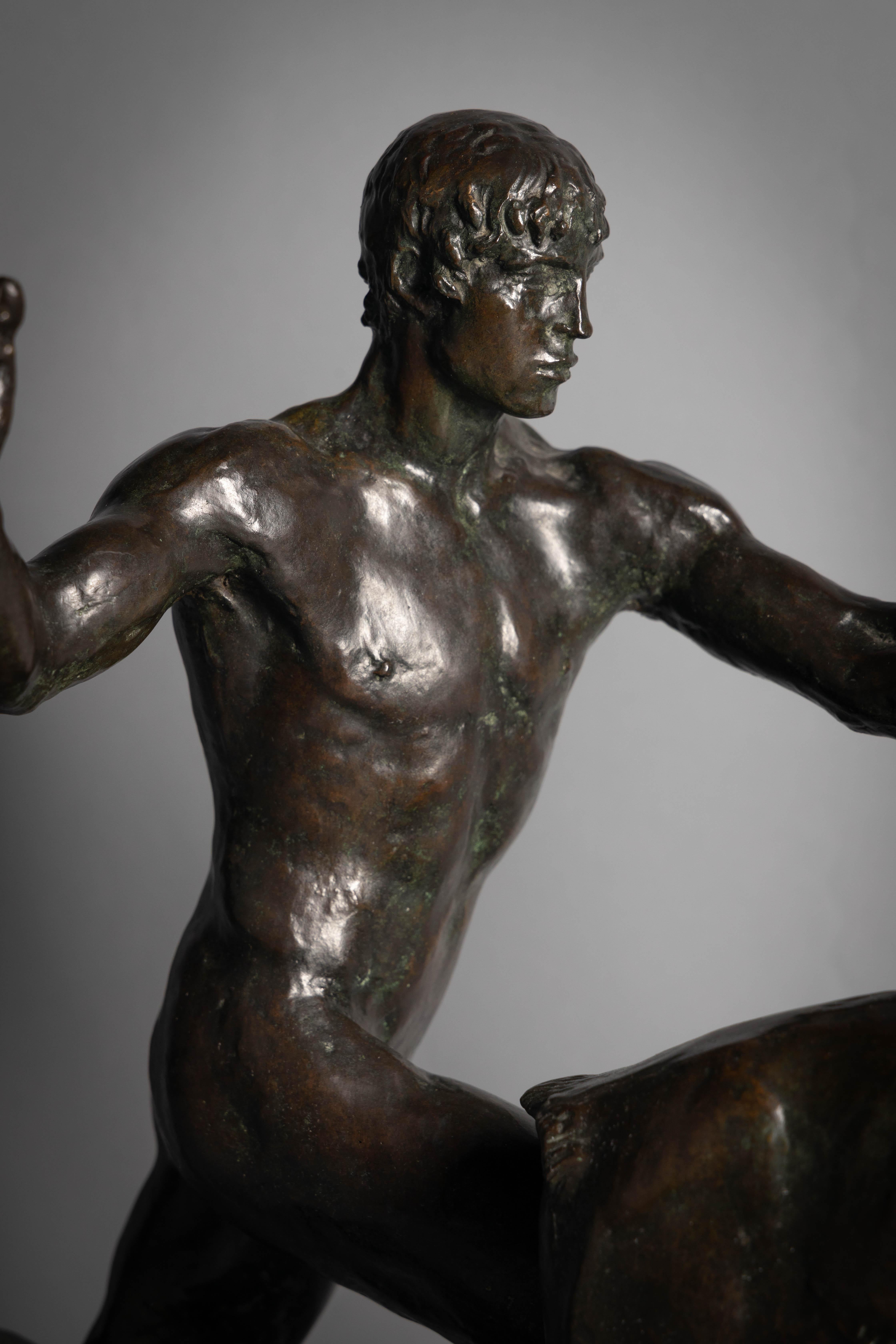 Bronze Figure of Hercules Pursuing The Kerinyan Hind Bronze, Dated 1922 1