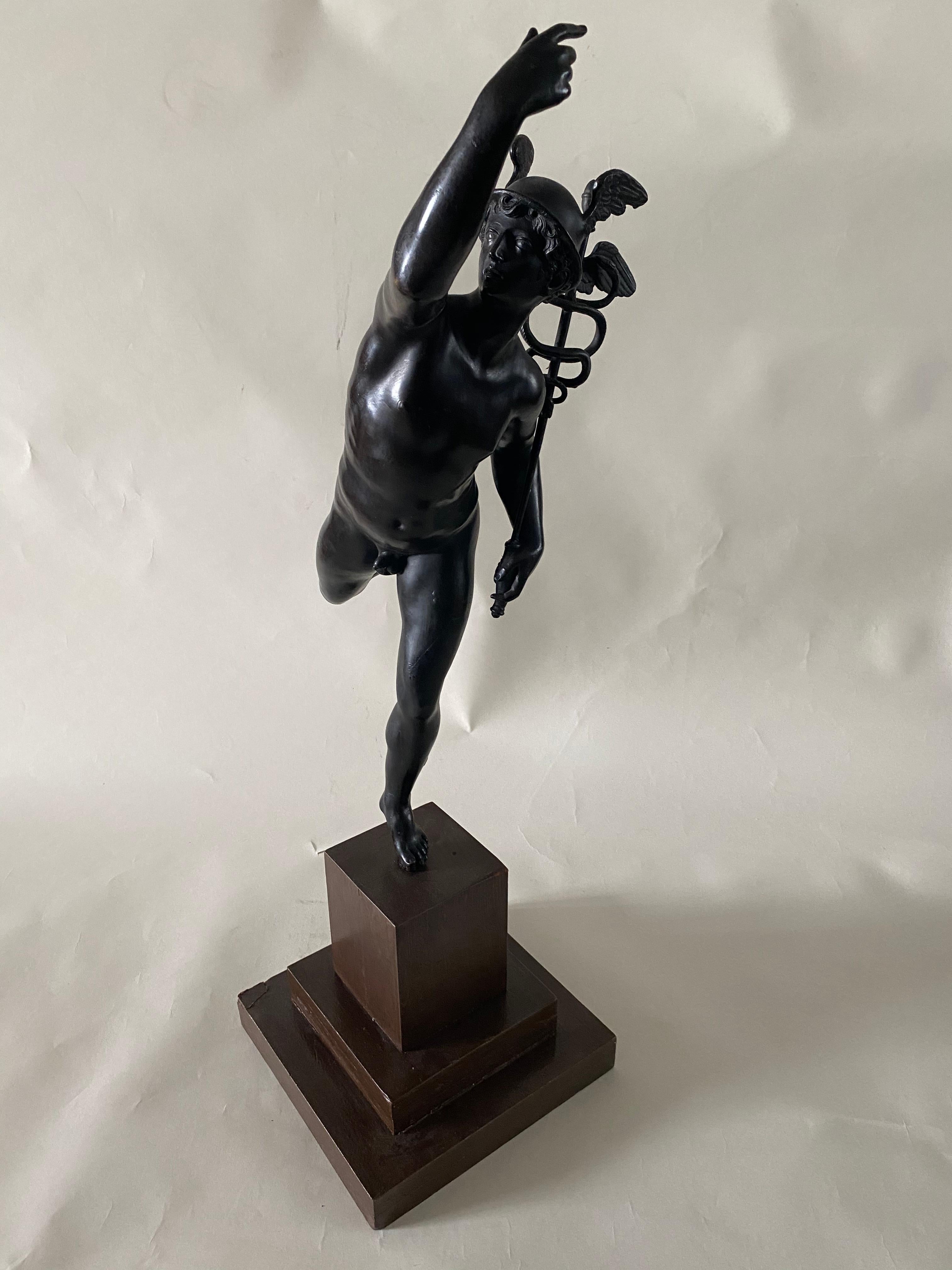 This handsome and large solid-cast sculpture Mercury in flight is a copy of the most famous creation of Giambologna, the Flemish sculptor who worked for the Medici family in Florence, Italy where the original from 1580 is kept in the Bargello