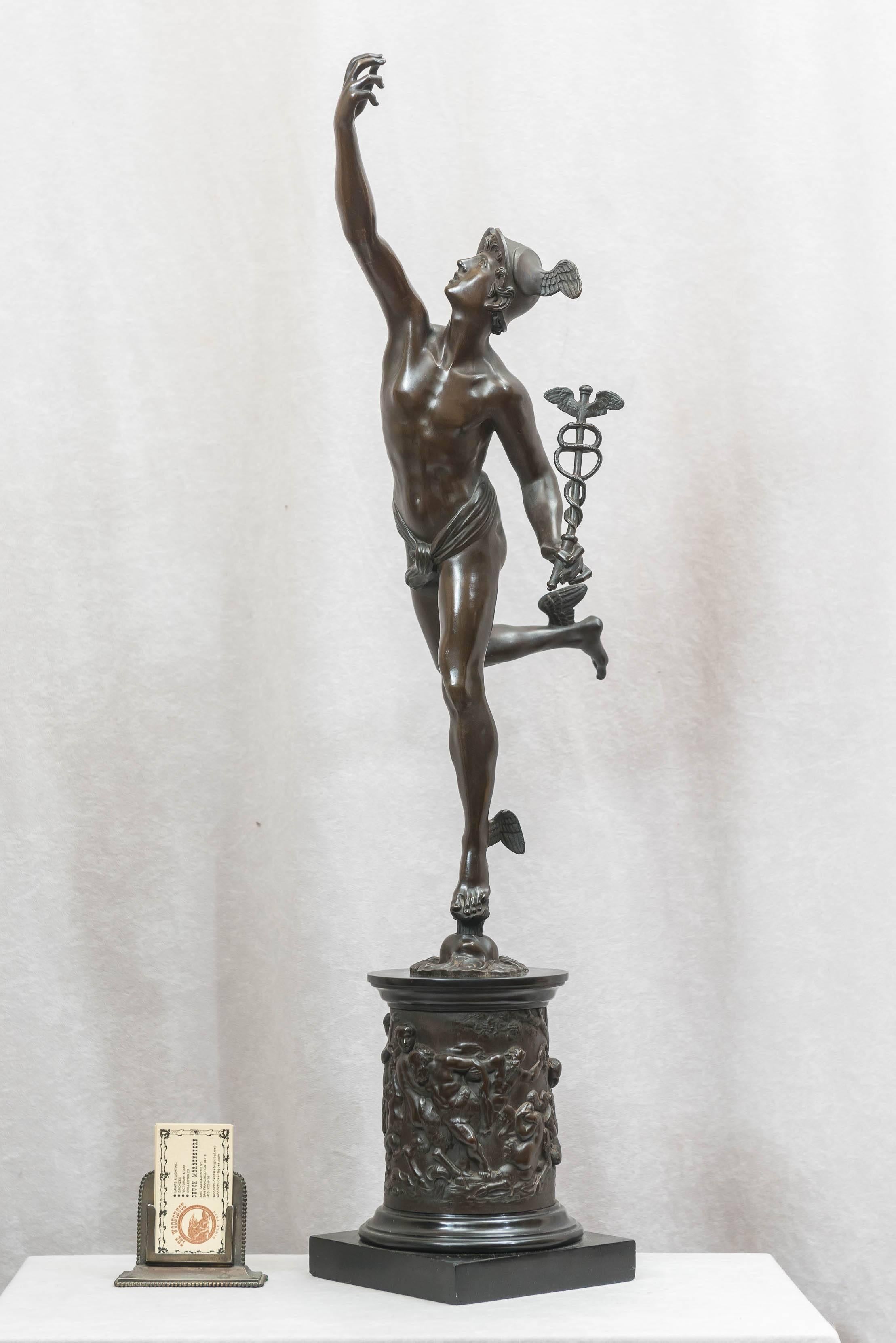 Thus is a very famous statue of Mercury, the messenger for the Roman gods. He is also known as Hermes, the Greek messenger of the gods. He holds a caduceus, which is the symbol of the medical profession. The original was sculpted in 1580 by