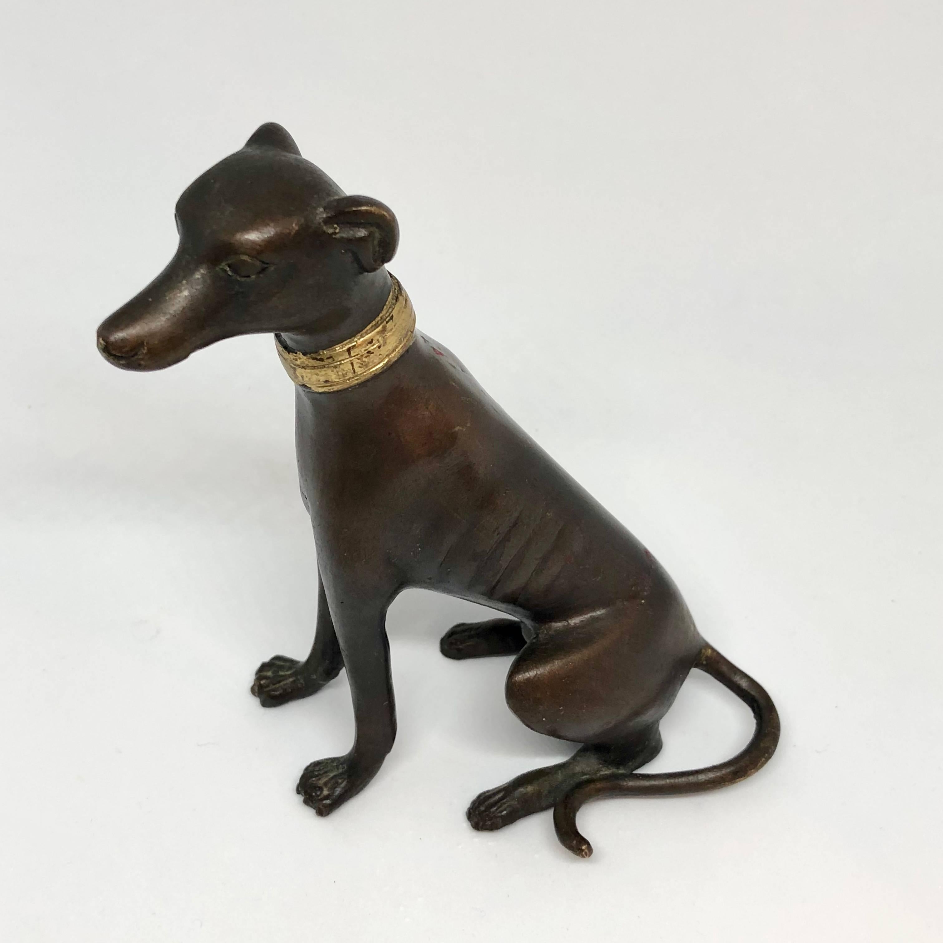 Bronze figure of sitting Greyhound with gilded collar

Patinated bronze sculpture of sitting greyhound with polished bronze collar.