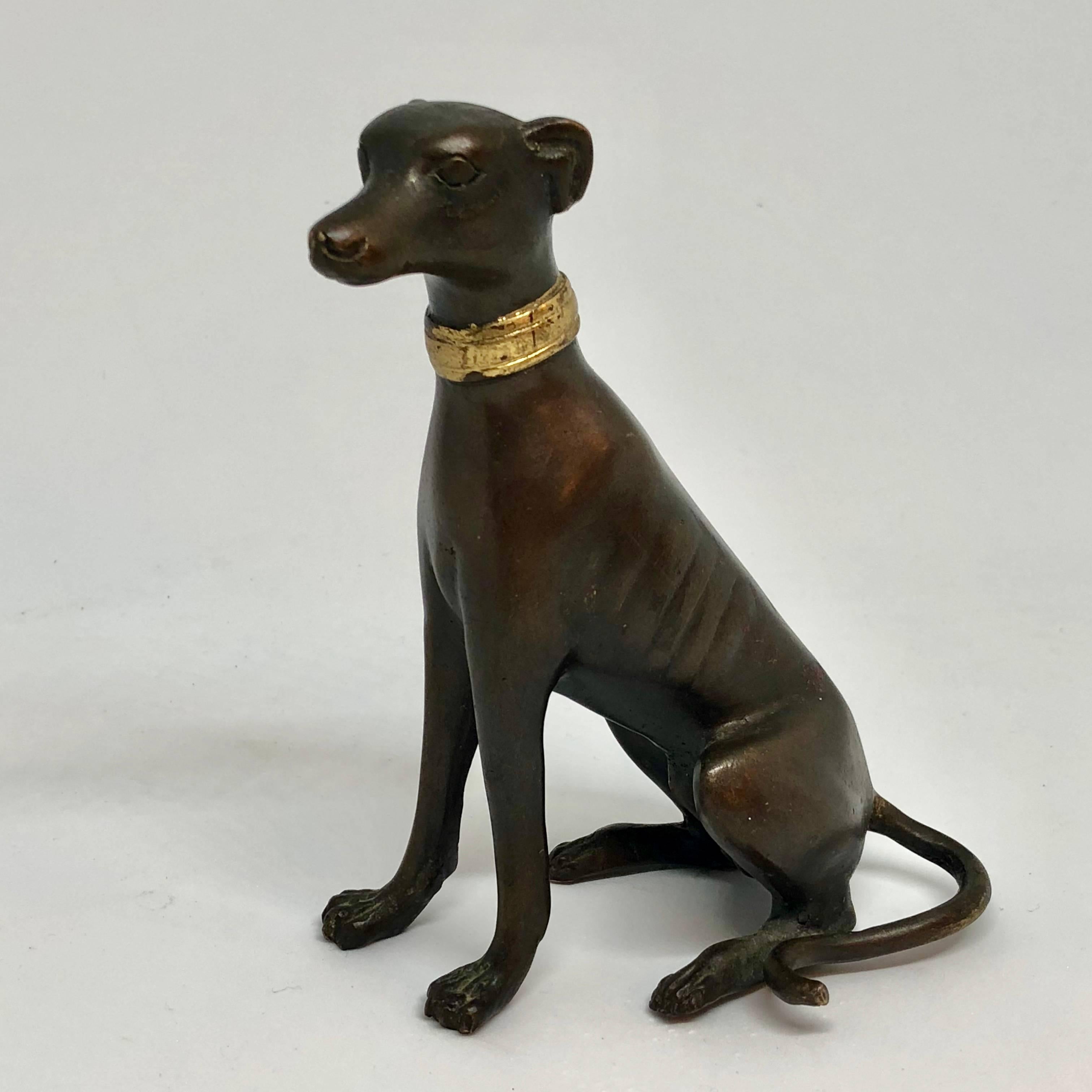 European Bronze Figure of Sitting Greyhound With Gilded Collar