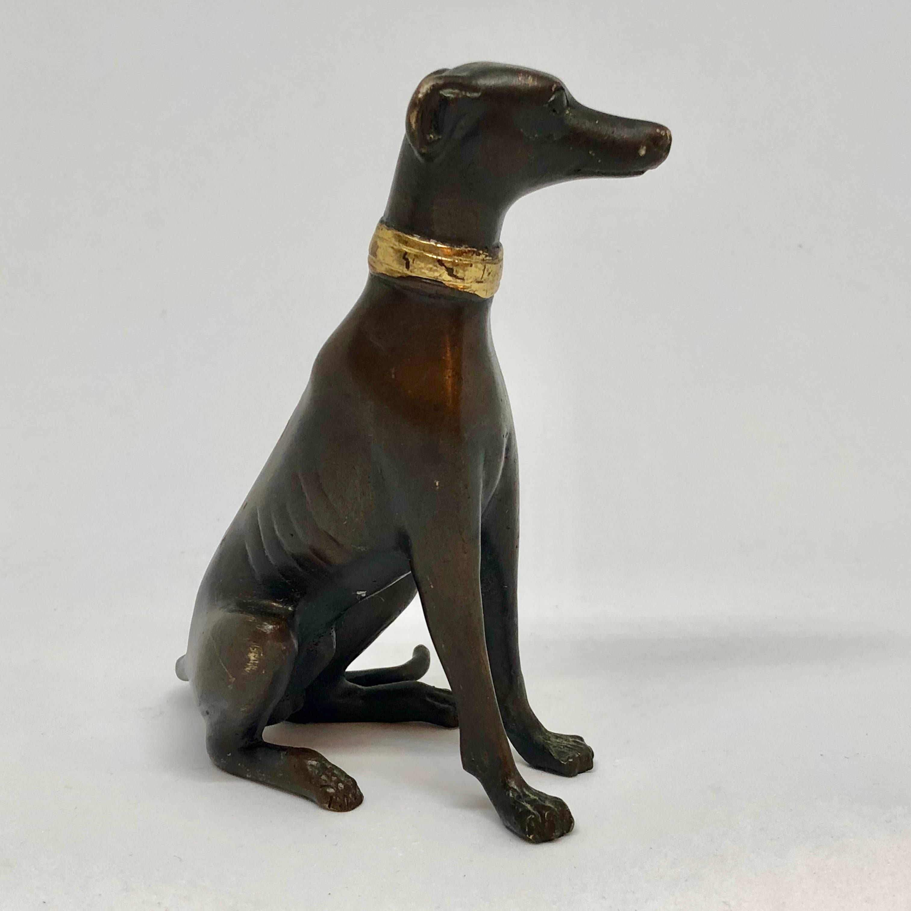Early 20th Century Bronze Figure of Sitting Greyhound With Gilded Collar