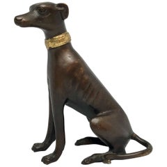 Bronze Figure of Sitting Greyhound With Gilded Collar