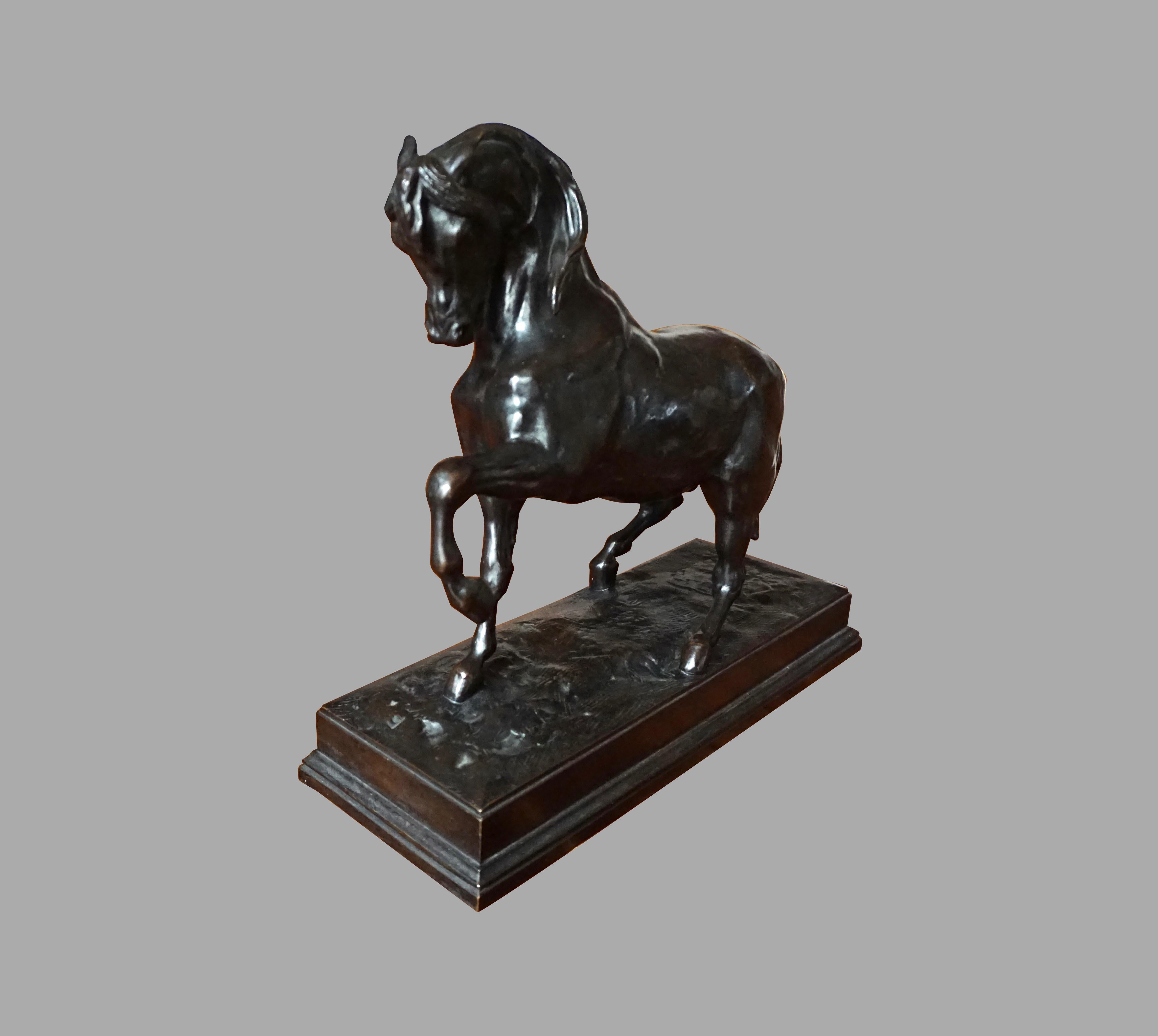 A French patinated bronze figure of a Turkish horse cast after a model by Antoine-Louis Barye stamped Barbedienne. The Barbedienne foundry was a foremost producer of fine 19th century bronzes for numerous well-known artists and sculptors in the 19th