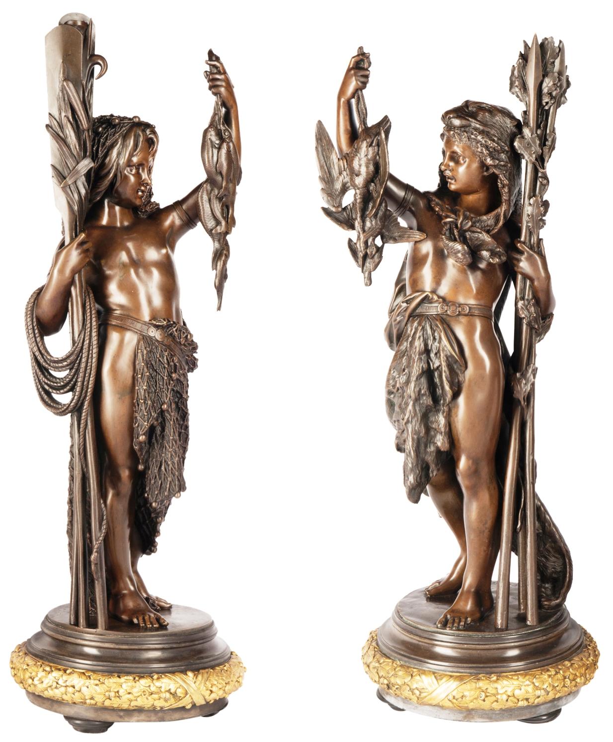 Pair very good quality 19th Century bronze figures representing boys hunting and fishing, mounted on gilded plinths, Signed; 'Carrier'
Albert-Ernest Carrier-Belleuse June 12,1824 - June 3, 1887 Albert-Ernest Carrier-Belleuse French sculptor. One of