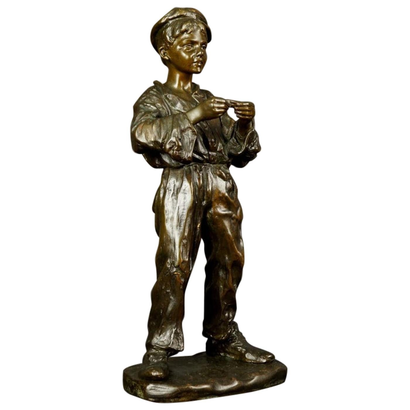 Bronze Figurine of Young Boy Rolling a Cigarette Jose Cardona 20th Century For Sale