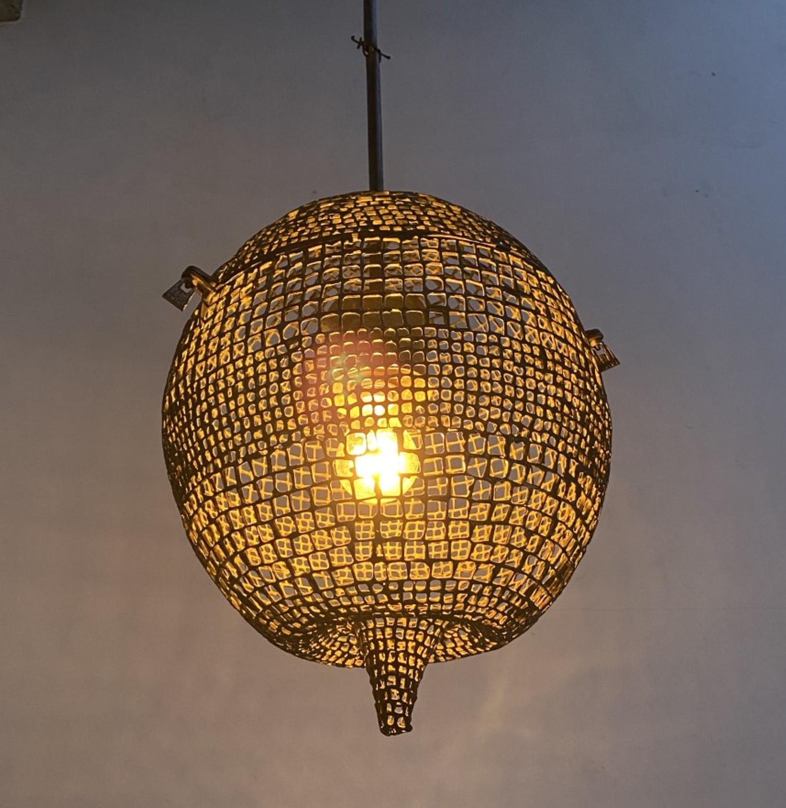 Amazing and super rare bronze filligree pendant lamp with a beautiful organic sculptural form signed by Italian sculptor Lorenzo Burchiellaro (1933-2017), judging by the intricacy of the artisan work involved this is clearly a very early