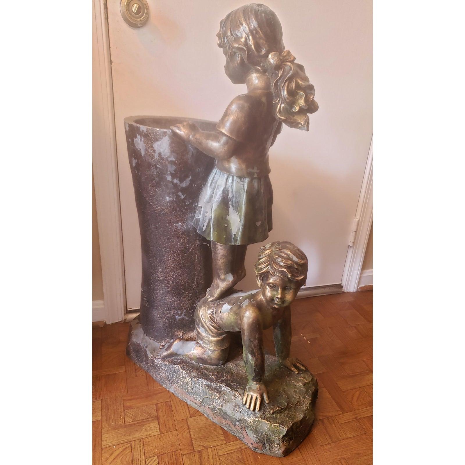 Rococo Bronze Finish Boy & Girl Water Fountain Statue For Sale