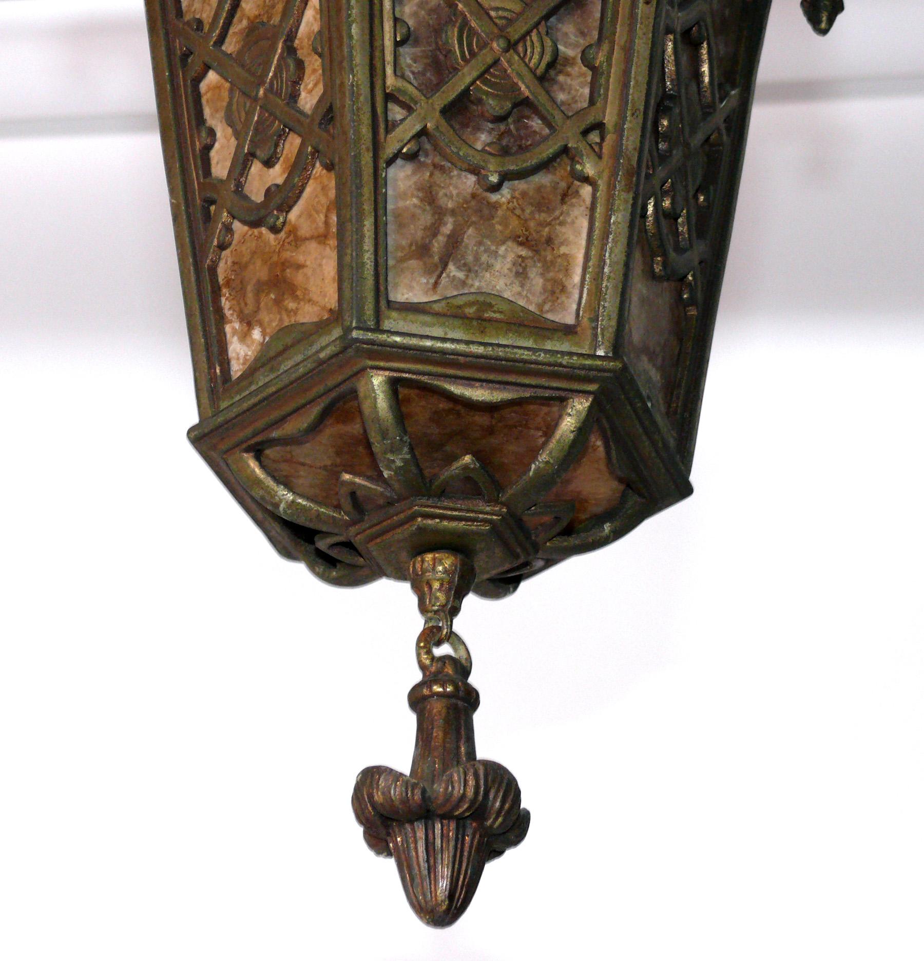 Arts and Crafts Bronze Finish Mica Lantern or Pendant Chandelier  For Sale