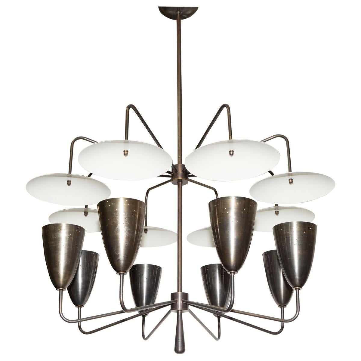 Eight-arm, bronze finish reflector shade chandelier in the style of Stilnovo by Marcelo Bessa for Spark Interior.