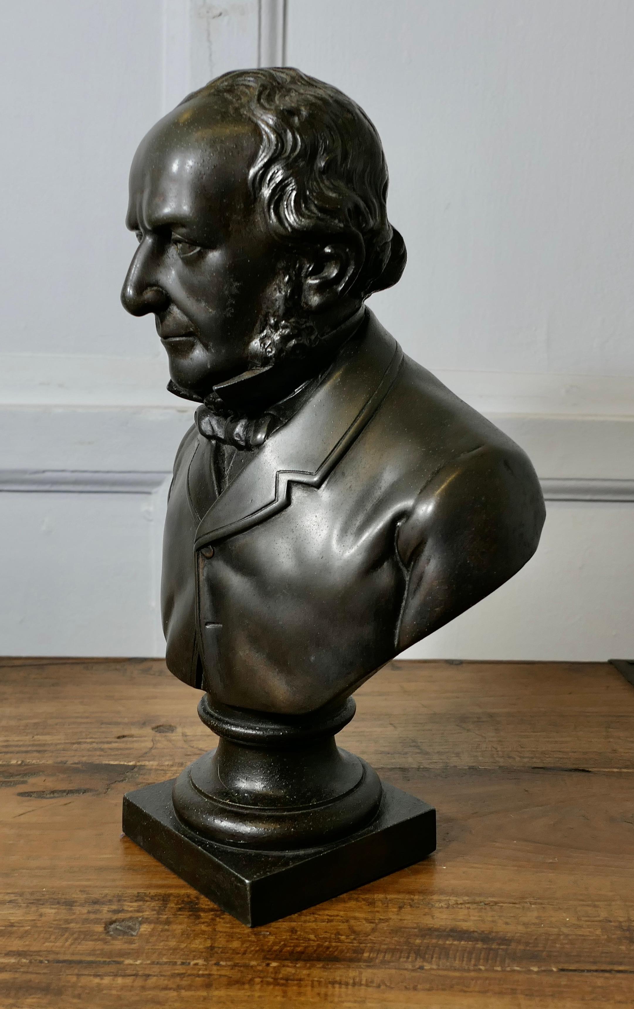 Bronze Finish Spelter Bust William Ewart Gladstone FRS FSS

William Ewart Gladstone FRS FSS was of the PrimeMinister of United Kingdom for 12 years, this is very attractive bust, it is made in spelter and has a good Bronze patina 
This is an elegant