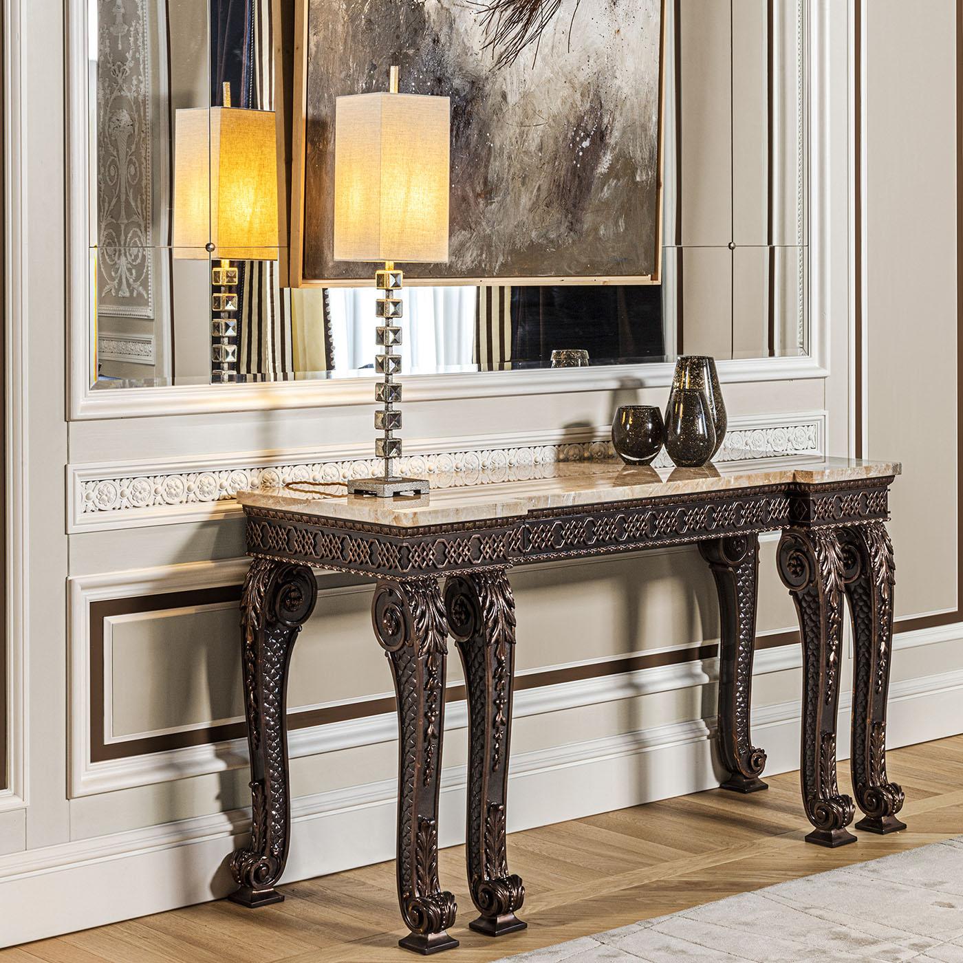 Hand-carved console with marble top and special bronze finishing.