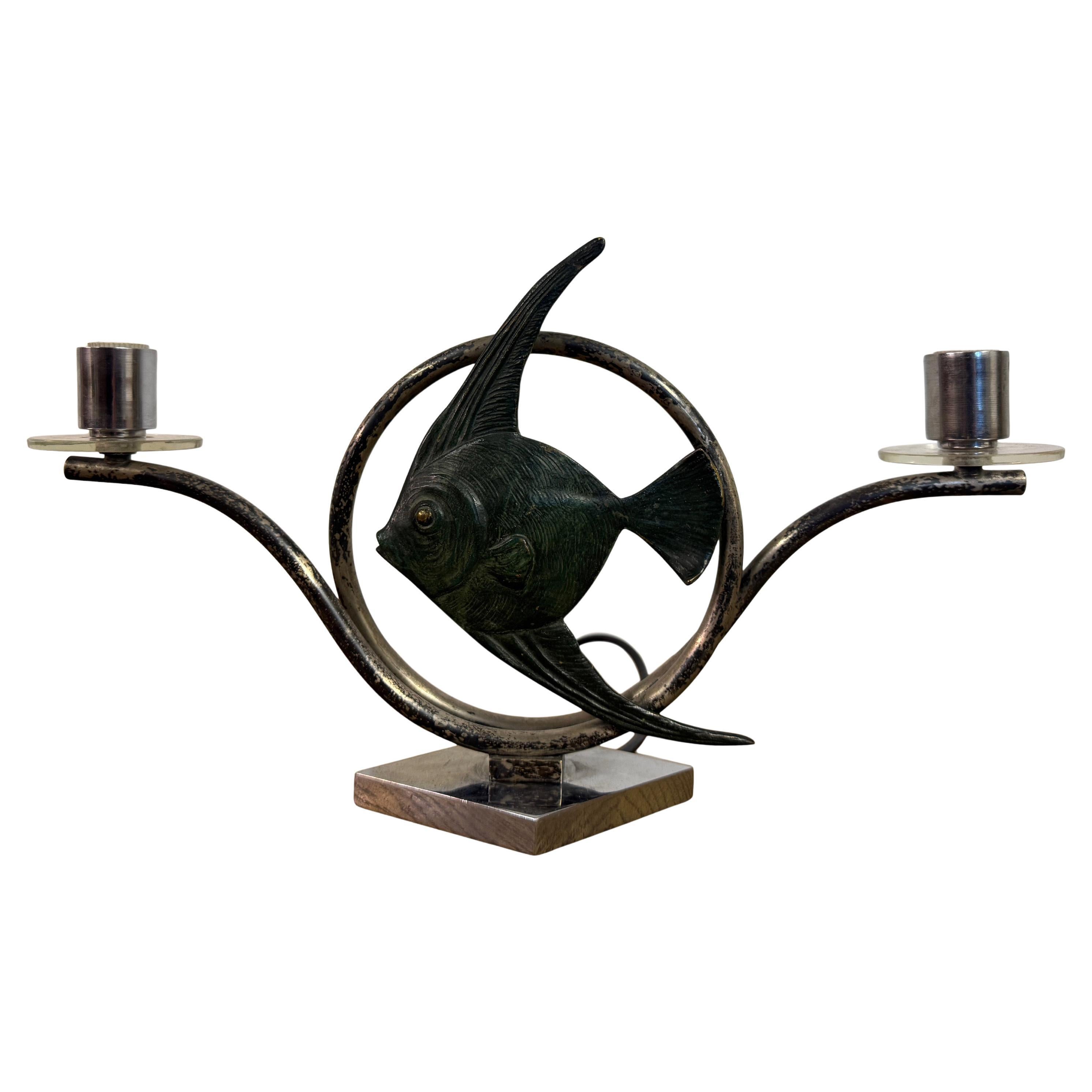 Bronze Fish Motif Table Lamp, Early 20th Century