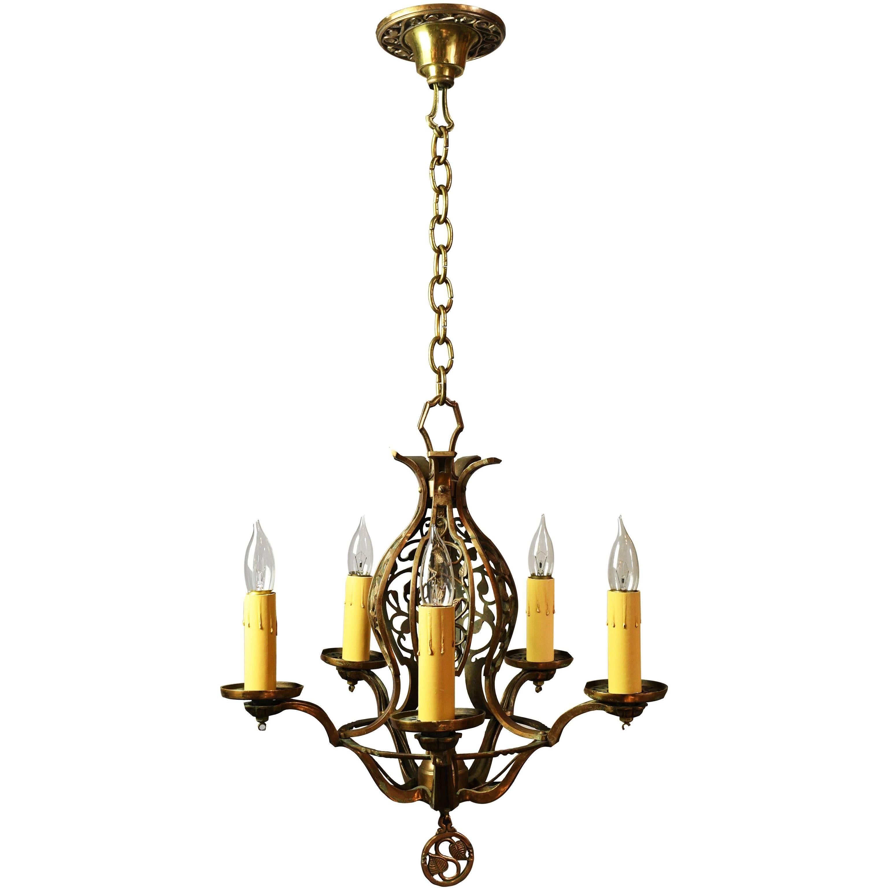 Bronze Five Candle Chandelier with Leaves For Sale