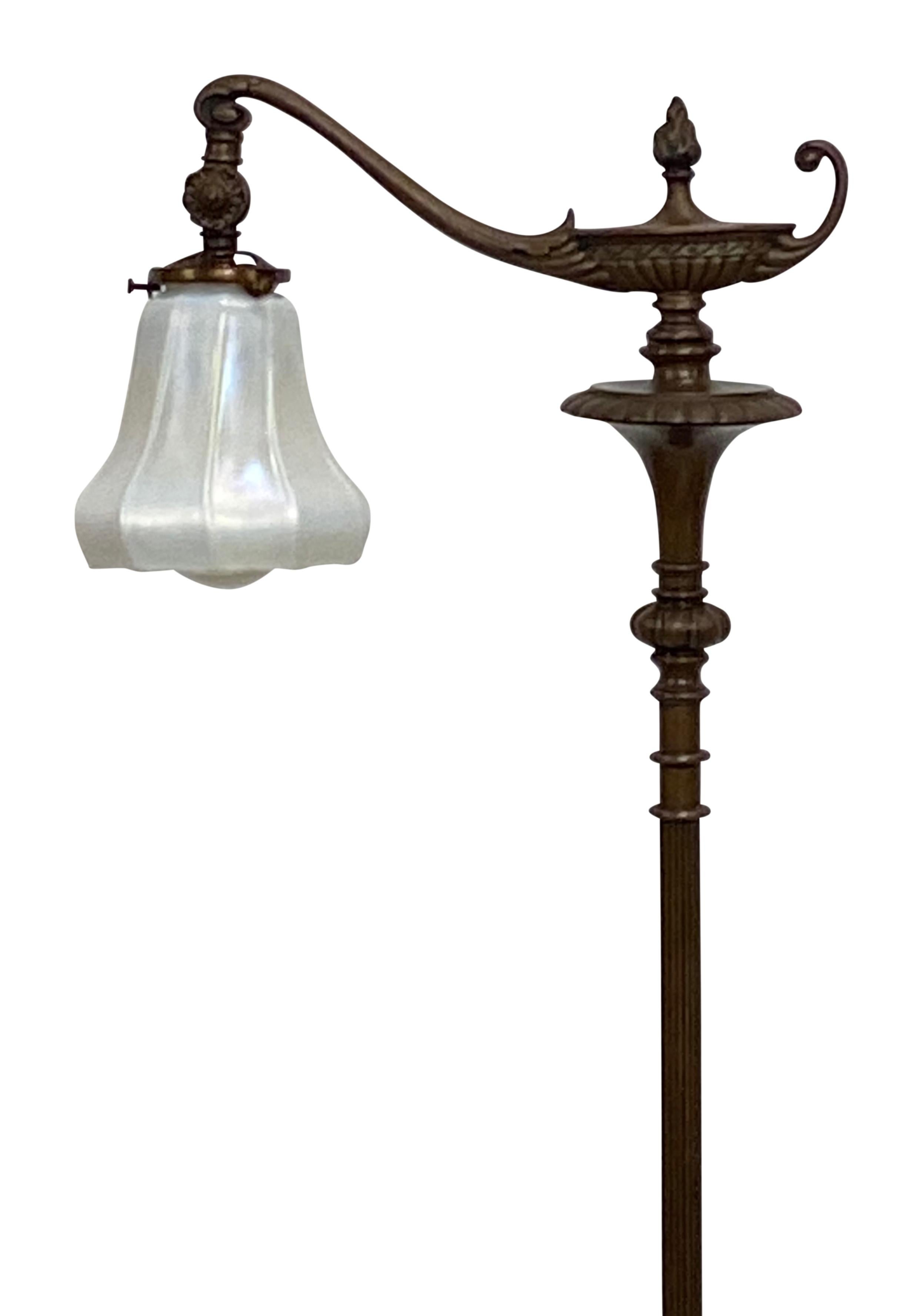 Beautiful quality solid bronze floor lamp with antique calcite art glass shade.
American, early 20th century. 
Recently re-wired.