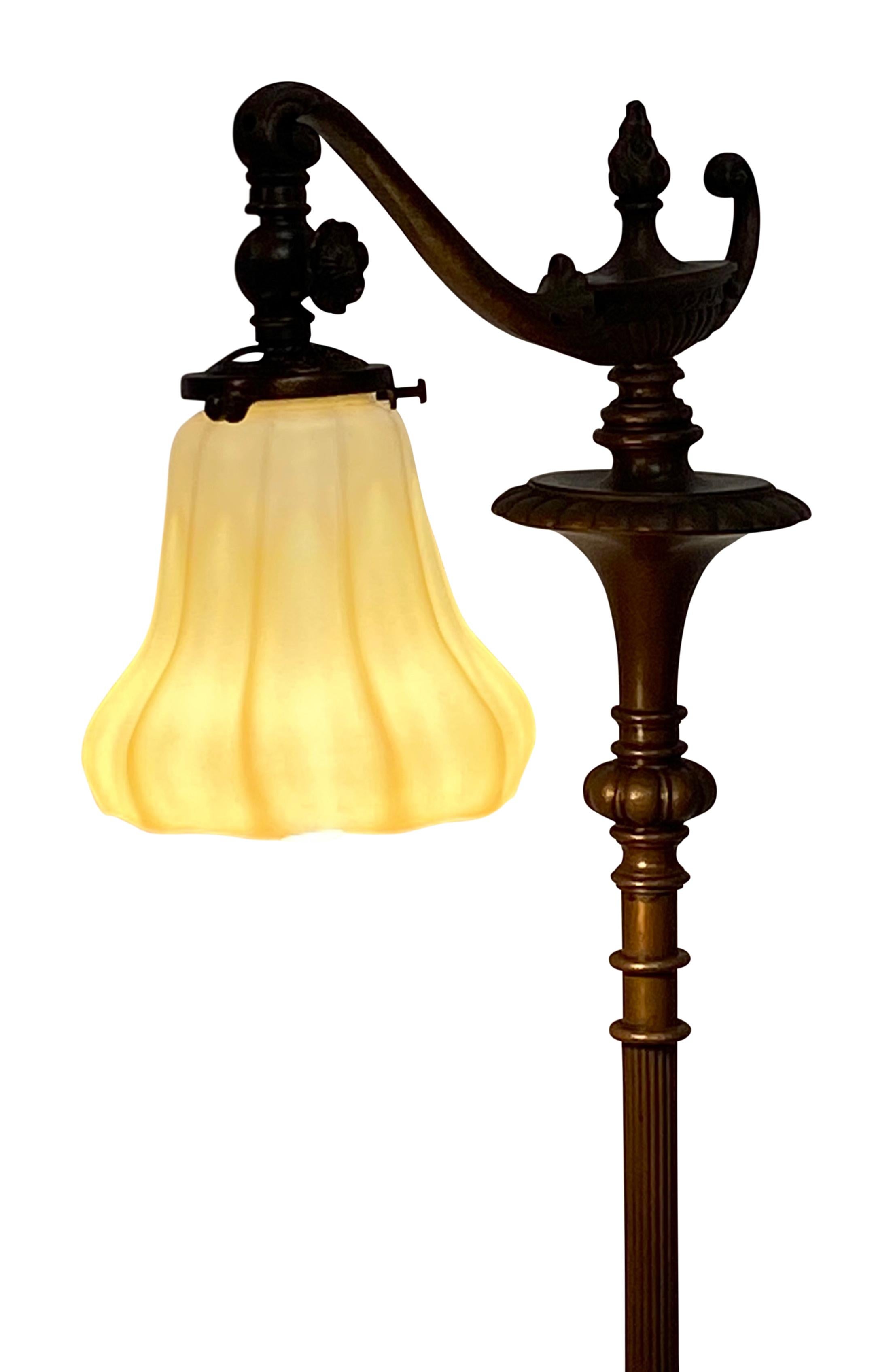 20th Century Bronze Floor Lamp with Antique Art Glass Shade, American, 1920s For Sale