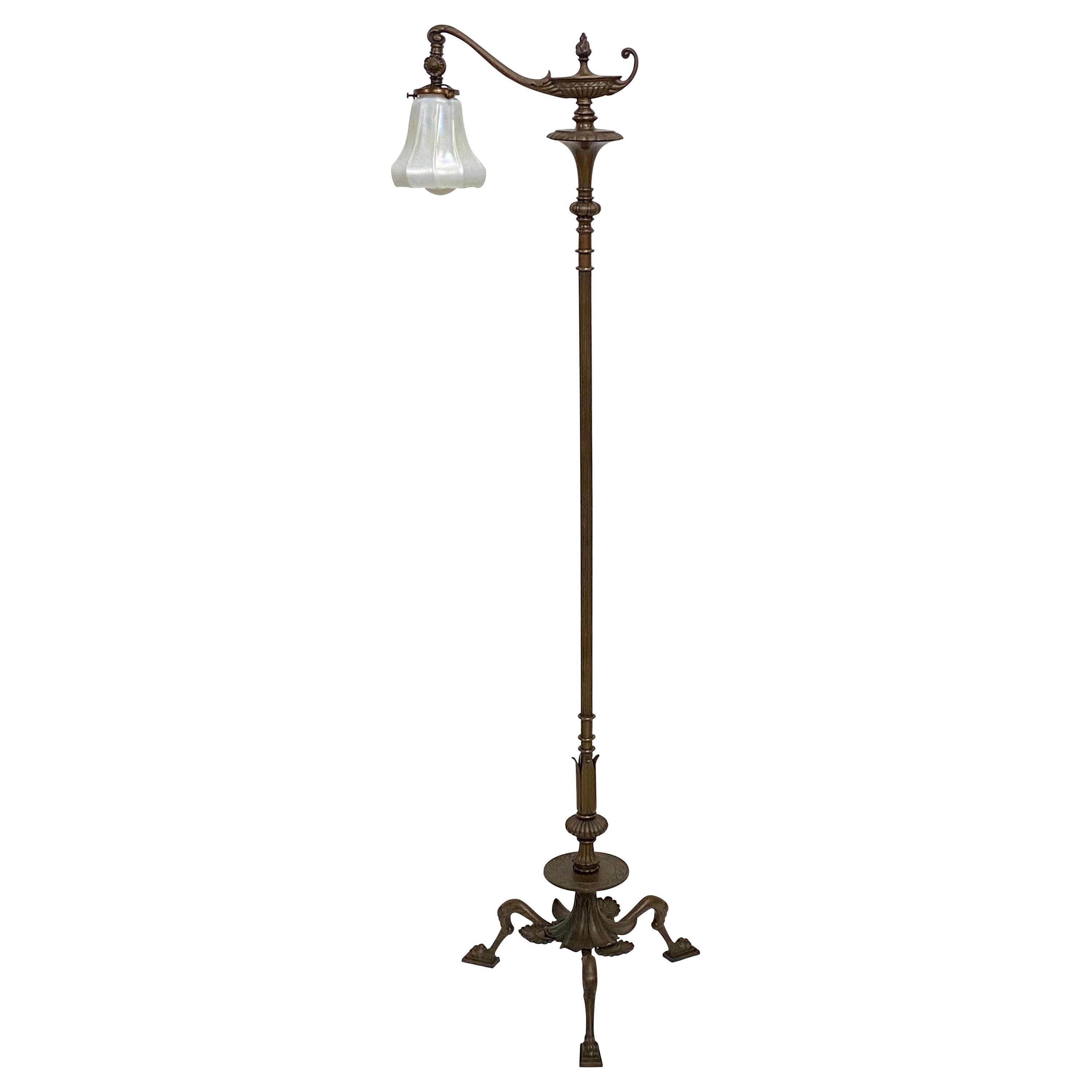Bronze Floor Lamp with Antique Art Glass Shade, American, 1920s For Sale