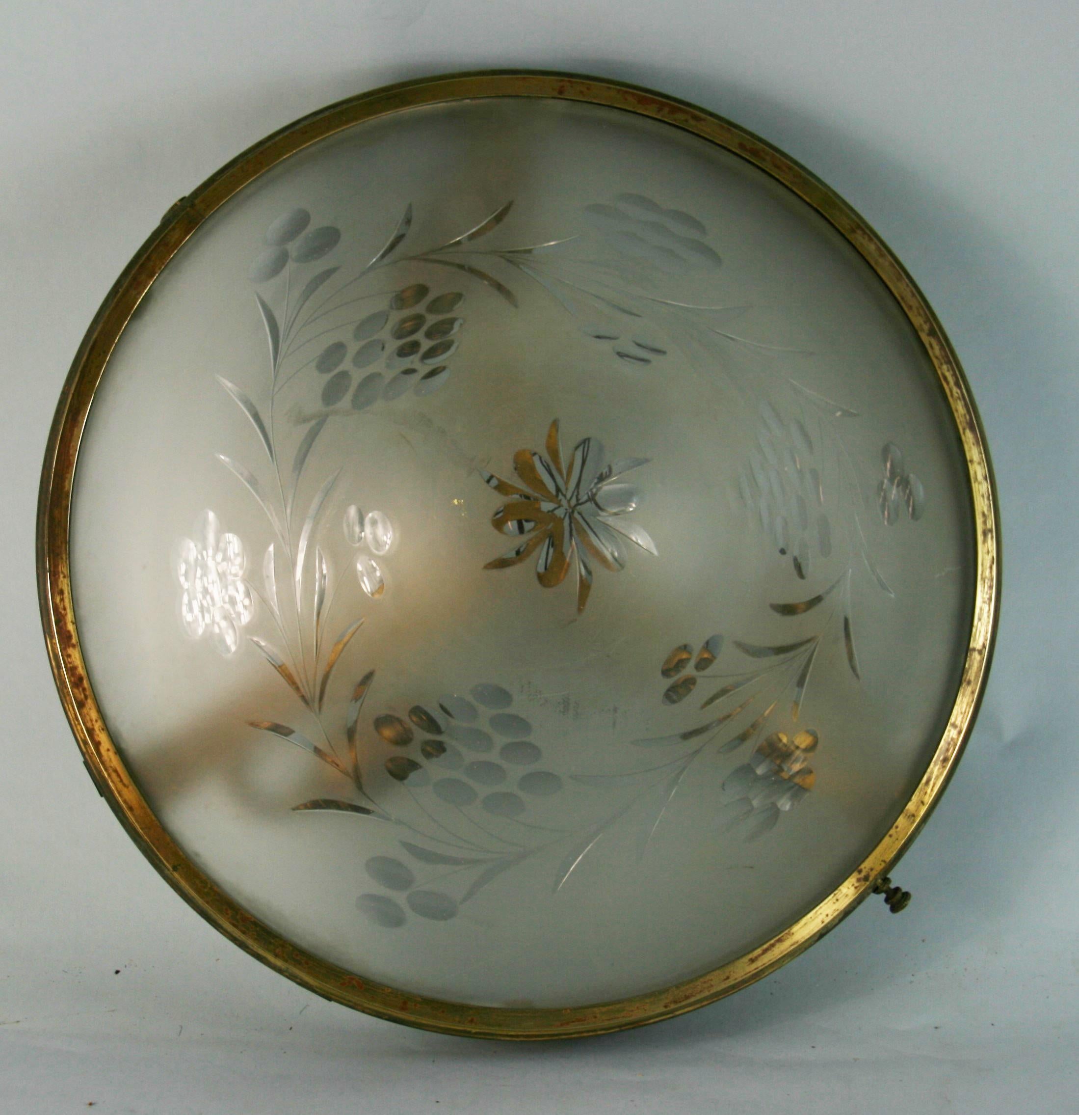 Early 20th Century Bronze Floral Wheel cut Crystal Glass Hinged Top Flush Mount, 1910 For Sale