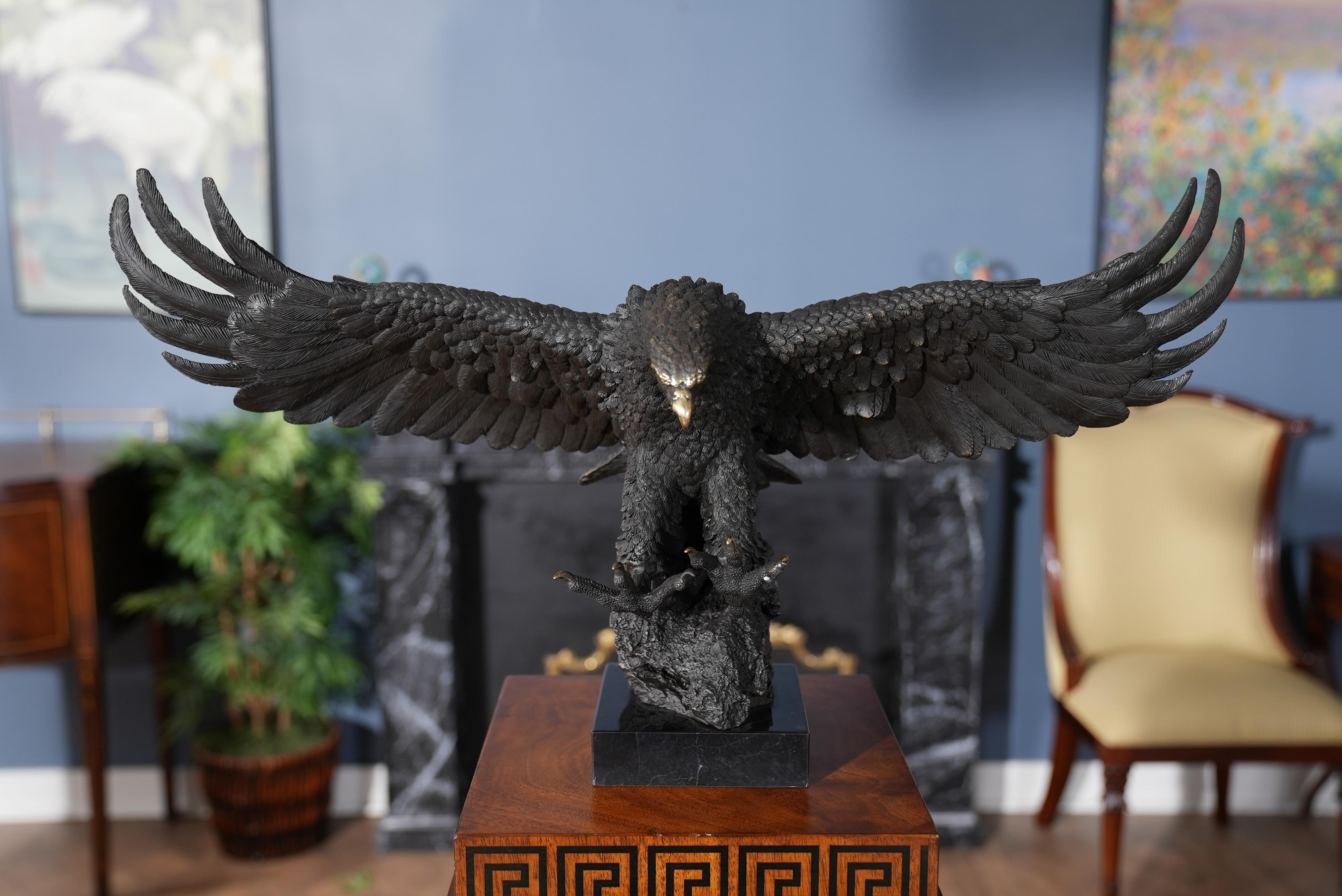 Graceful even when standing still the Bronze Flying Eagle on Marble Base is a striking addition to any setting. Using traditional lost wax casting methods the Bronze Eagle is created in pieces and then joined together with brazing and hand chaised