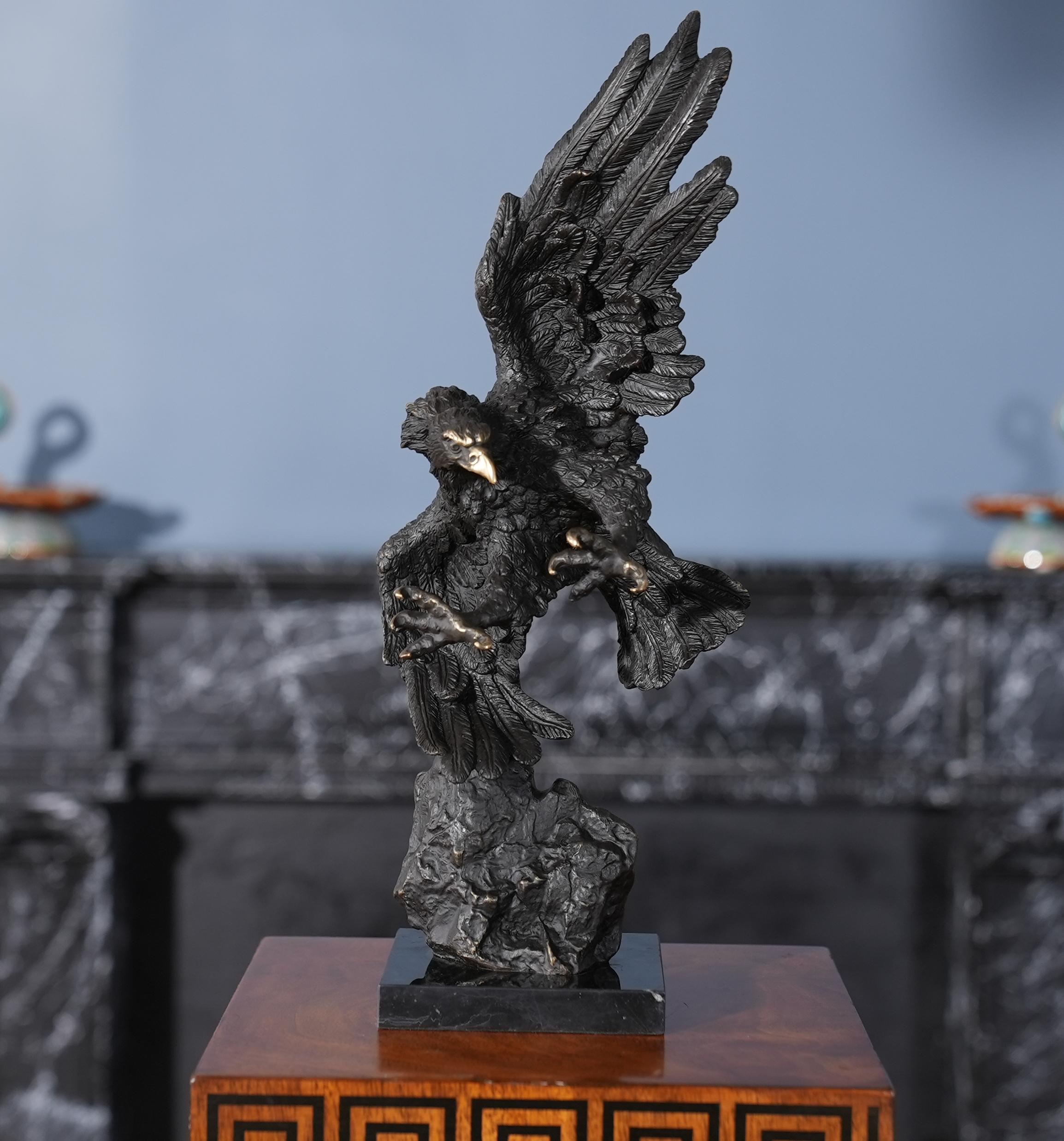Graceful even when standing still the Bronze Flying Eagle on Marble Base is a striking addition to any setting. Using traditional lost wax casting methods the Bronze Eagle is created in pieces and then joined together with brazing and hand chaised