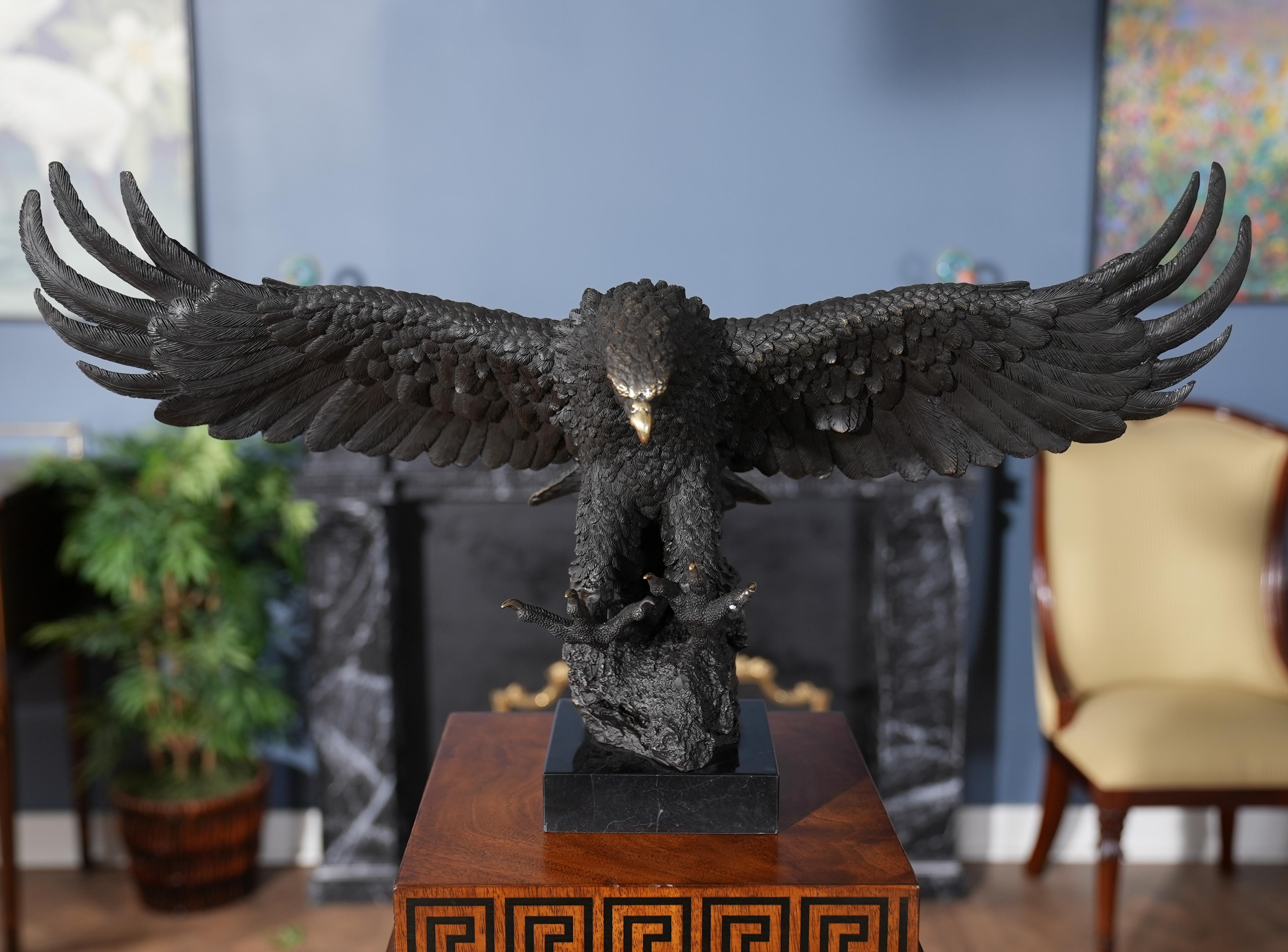 Hand-Crafted Bronze Flying Eagle on Marble Base For Sale