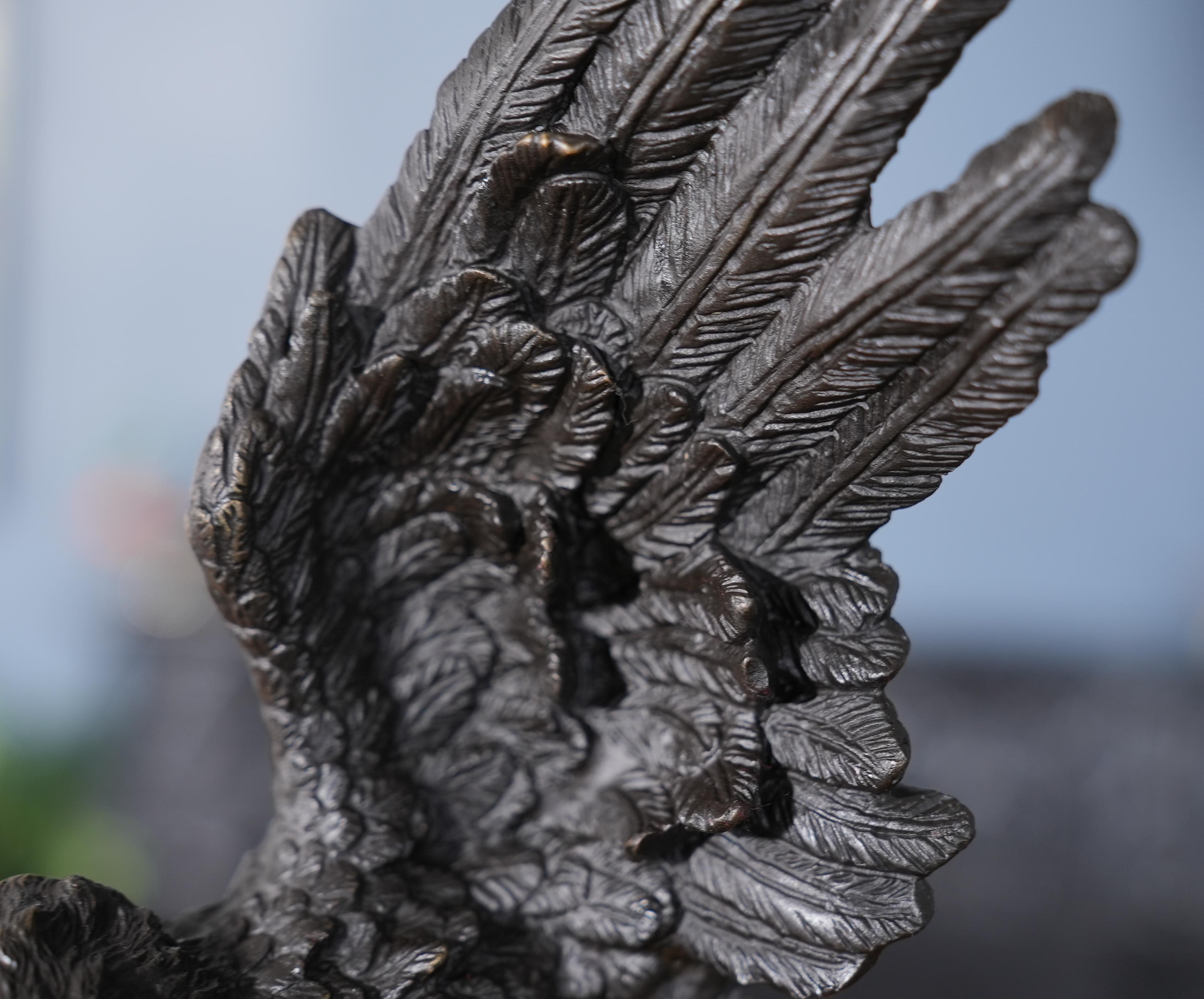 Hand-Crafted Bronze Flying Eagle on Marble Base For Sale