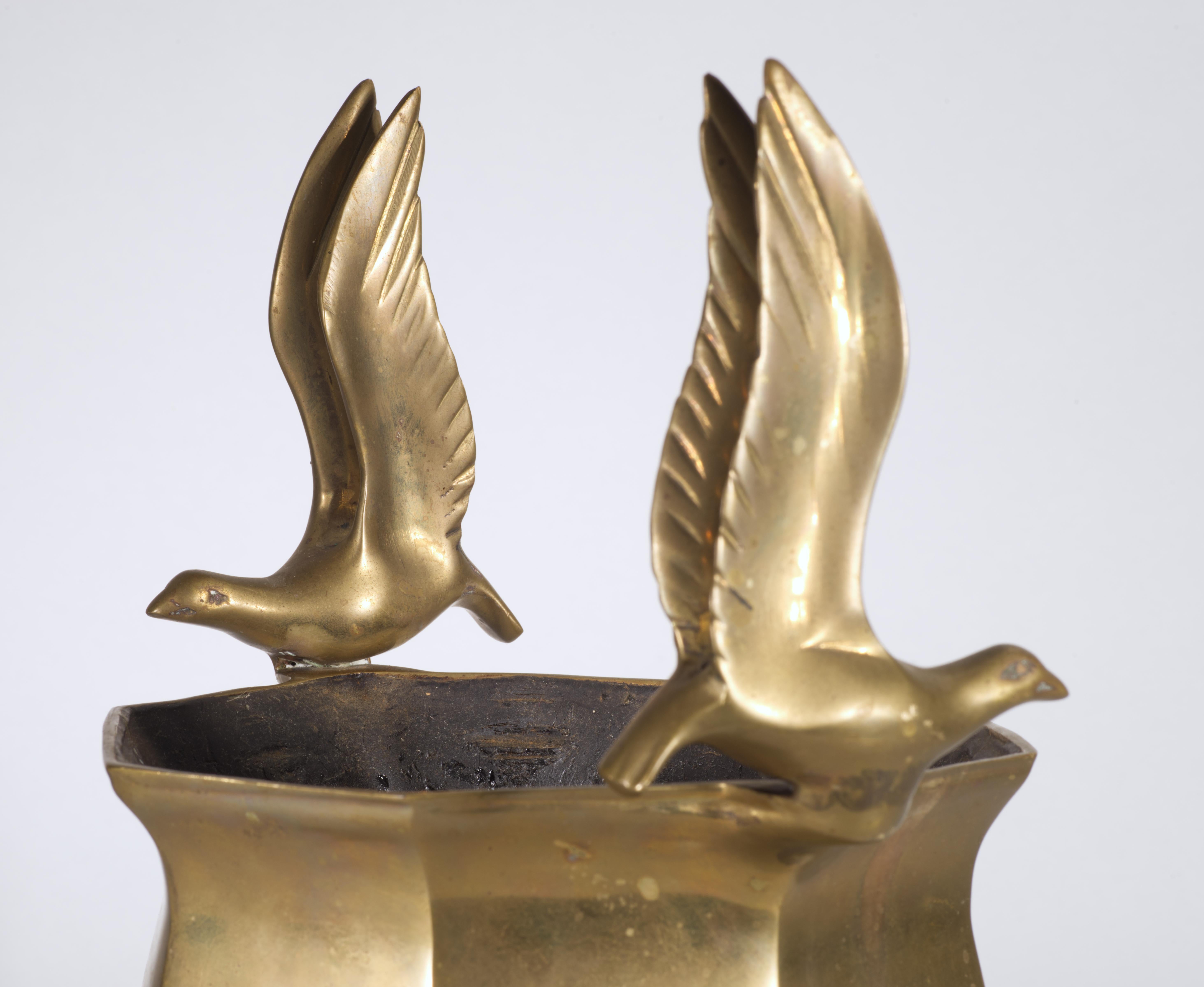 Cast Bronze Footed Urn Cachepot Planter Birds in Flight, in Style of Curtis Jere For Sale