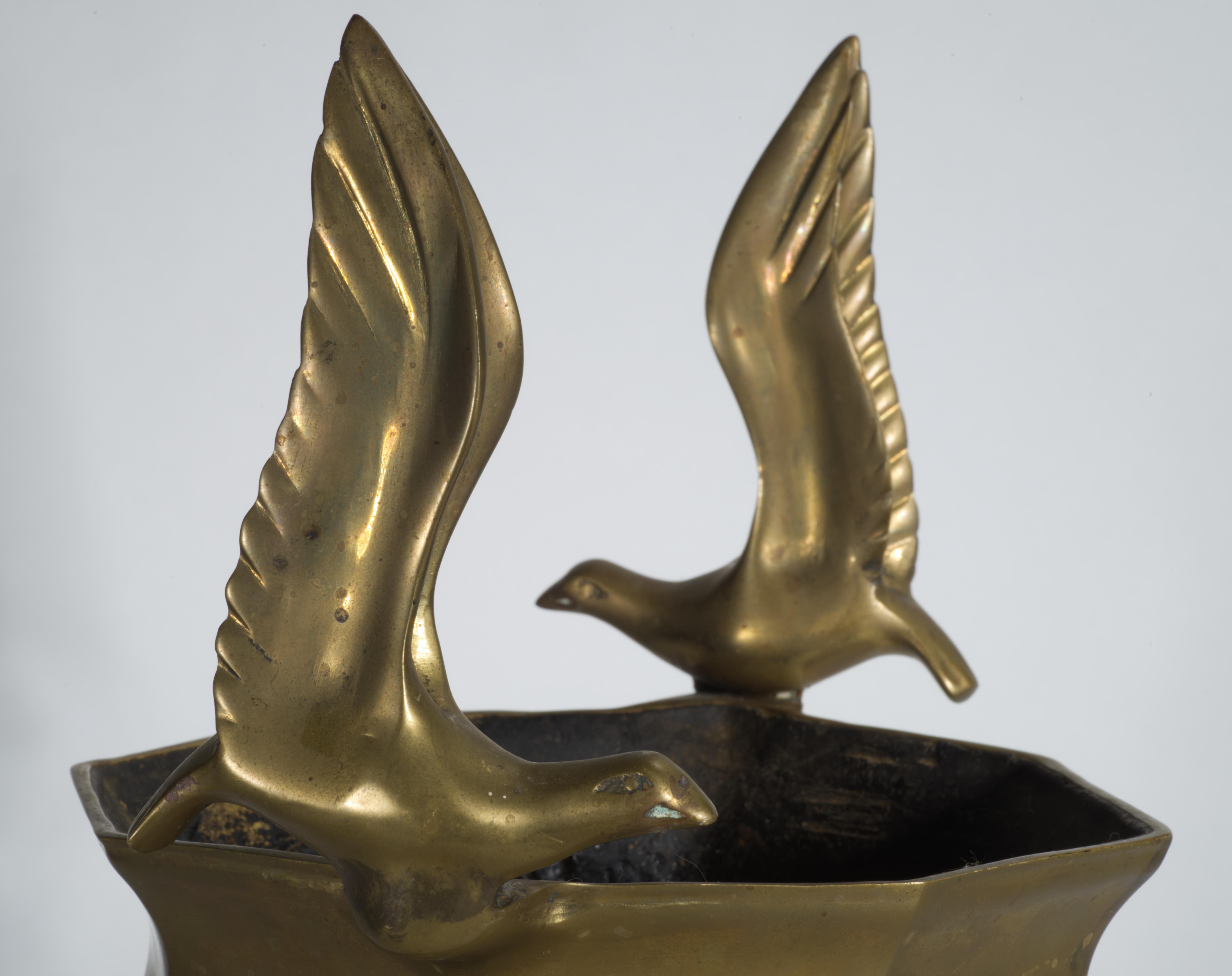 Bronze Footed Urn Cachepot Planter Birds in Flight, in Style of Curtis Jere For Sale 2