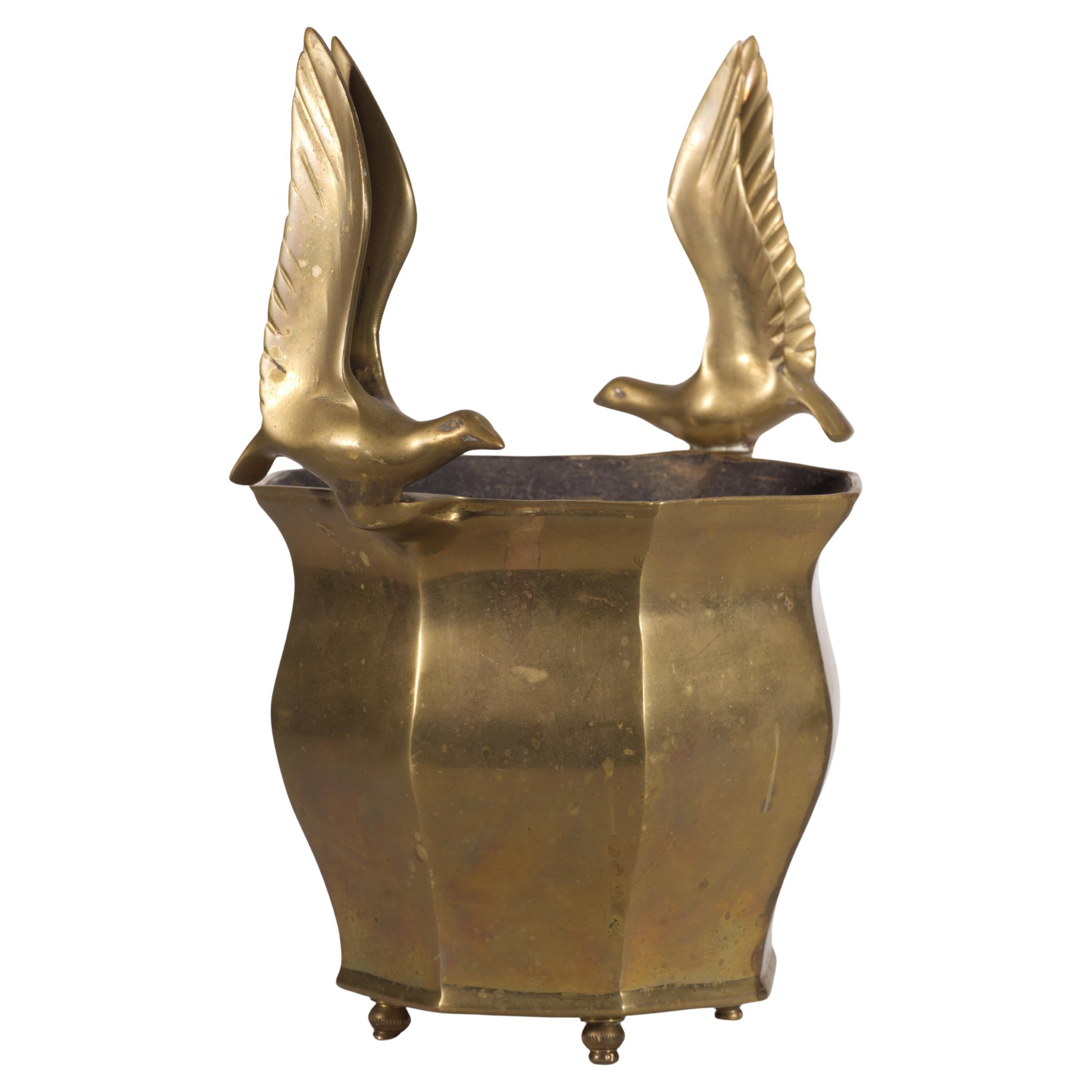 Bronze Footed Urn Cachepot Planter Birds in Flight, in Style of Curtis Jere For Sale