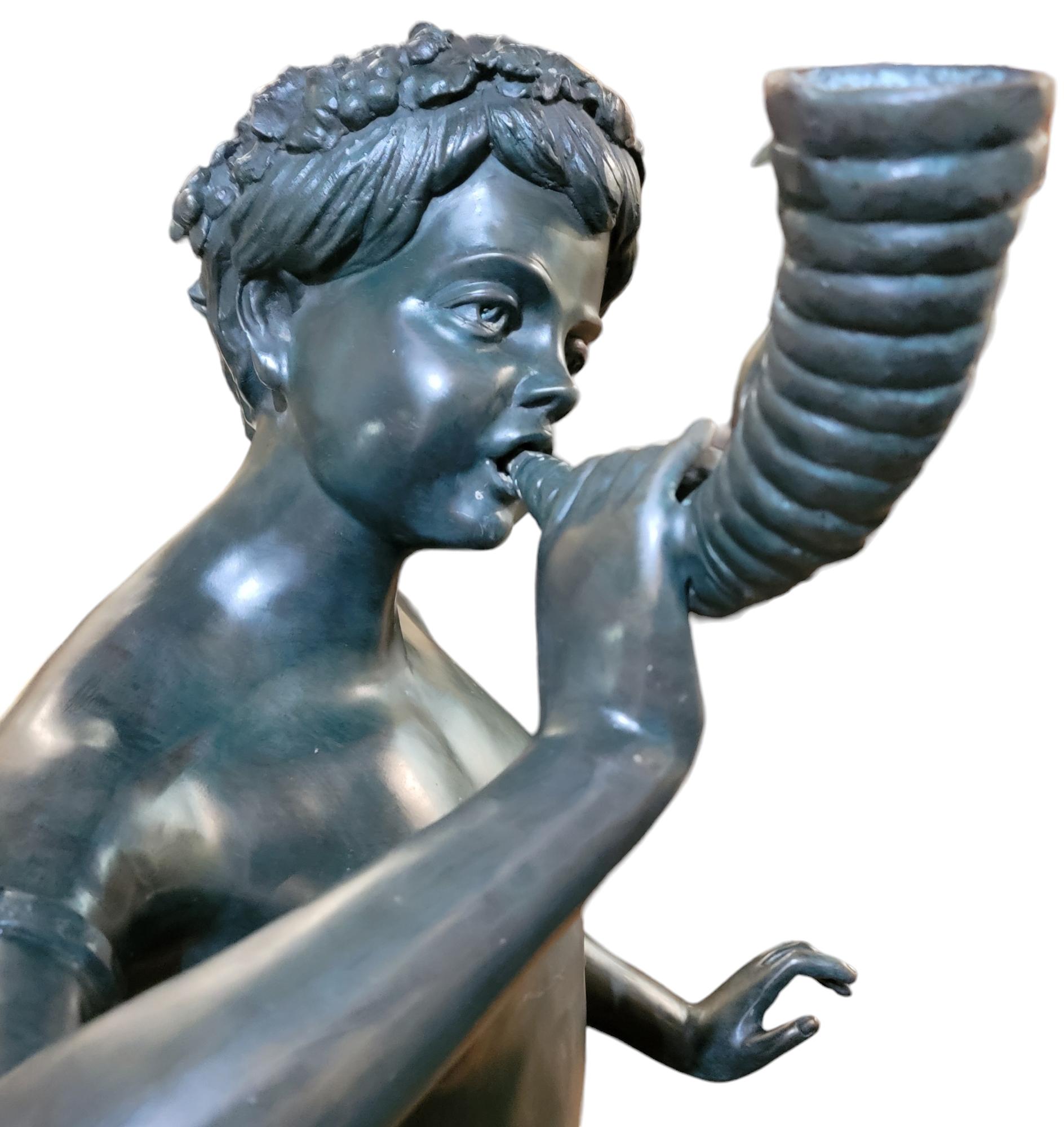 Modern Bronze Fountain Figure Young Boy With Horn  For Sale