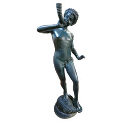Vintage Bronze Fountain Figure Young Boy With Horn 