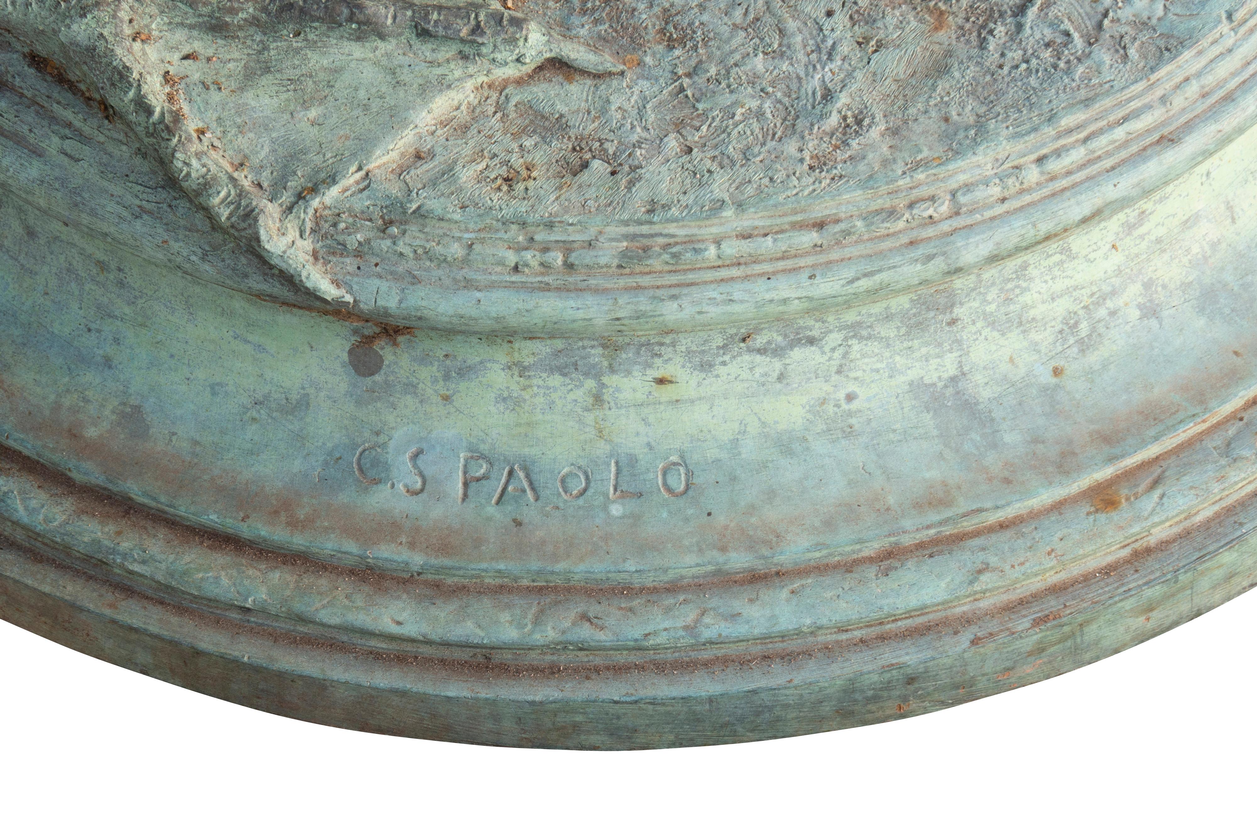 Depicting a young nude woman holding an Amphora vase with a swan with its wings up standing beside her,all in a verdigris patina. Signed on base C.S. Paolo and Cellini Bronze Works , NY. Artist is Cartaino Sciarrino Paolo . Born in Palermo, Italy in