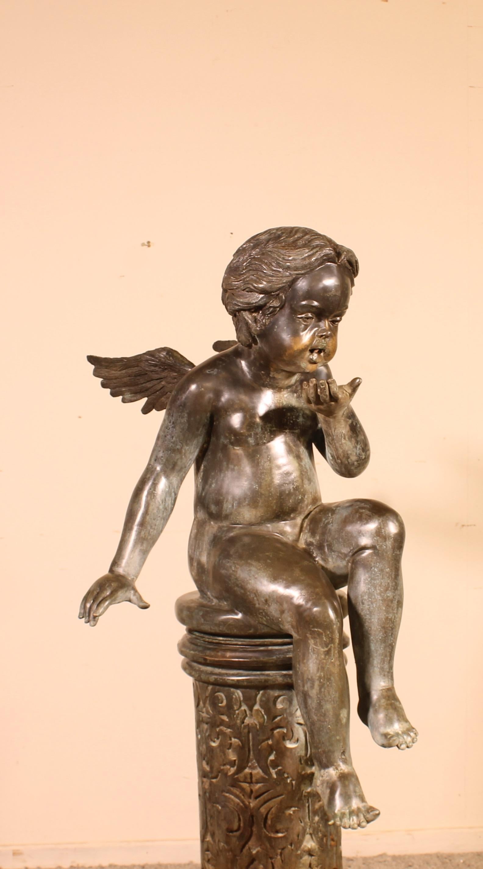 Belgian Bronze Fountain Representing an Angel Sitting on a Column
