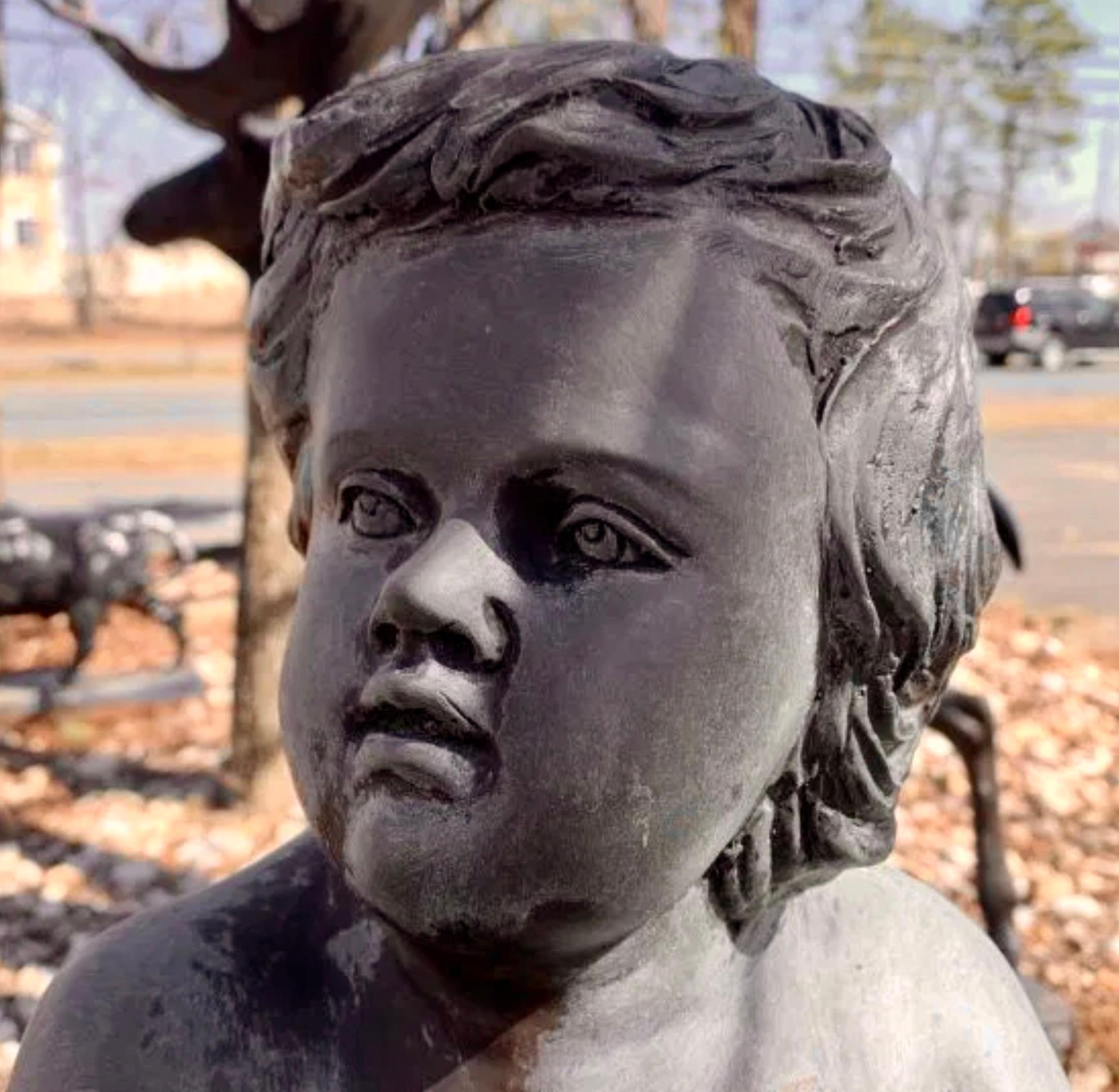 Five foot tall fountain made of bronze, featuring a large bowl and cherub boy holding a fish. The fish spouts the water into the large bowl, egrets surround the base.
Please confirm location NY or NJ