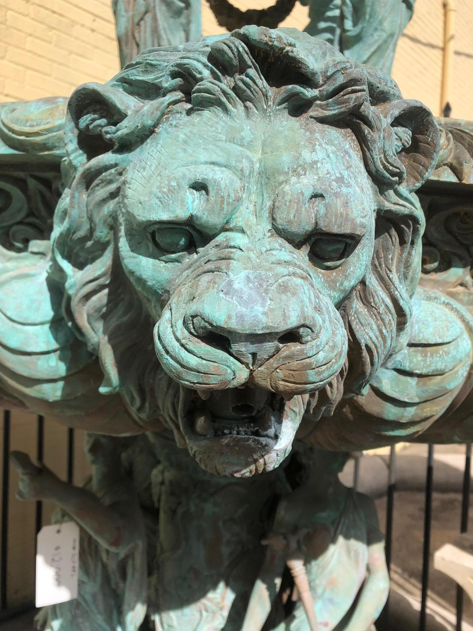 This beautifully patinated, bronze fountain features fantastic details with women and children playing instruments and lionhead spouts. A wonderful impact on your landscape and guest.

Measures:
6' diameter x 11' height.