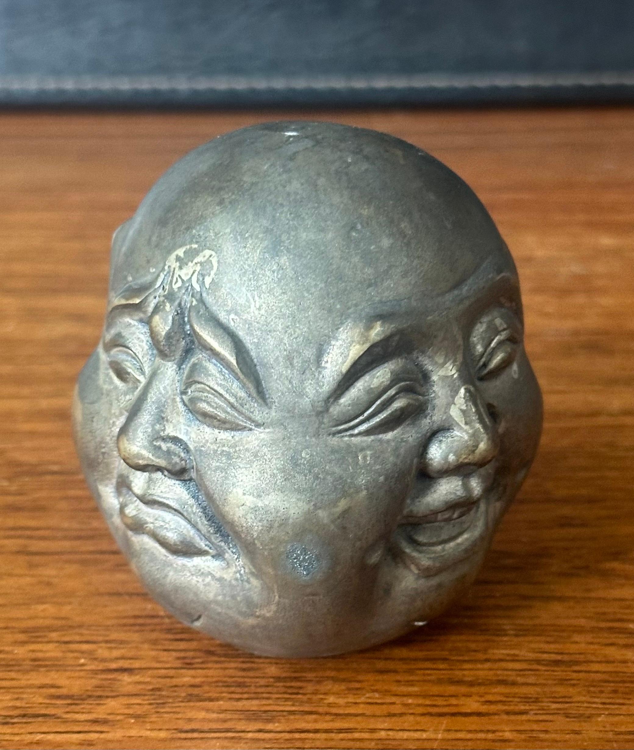 Cast Bronze Four Faced Buddha Head Sculpture or Paperweight For Sale