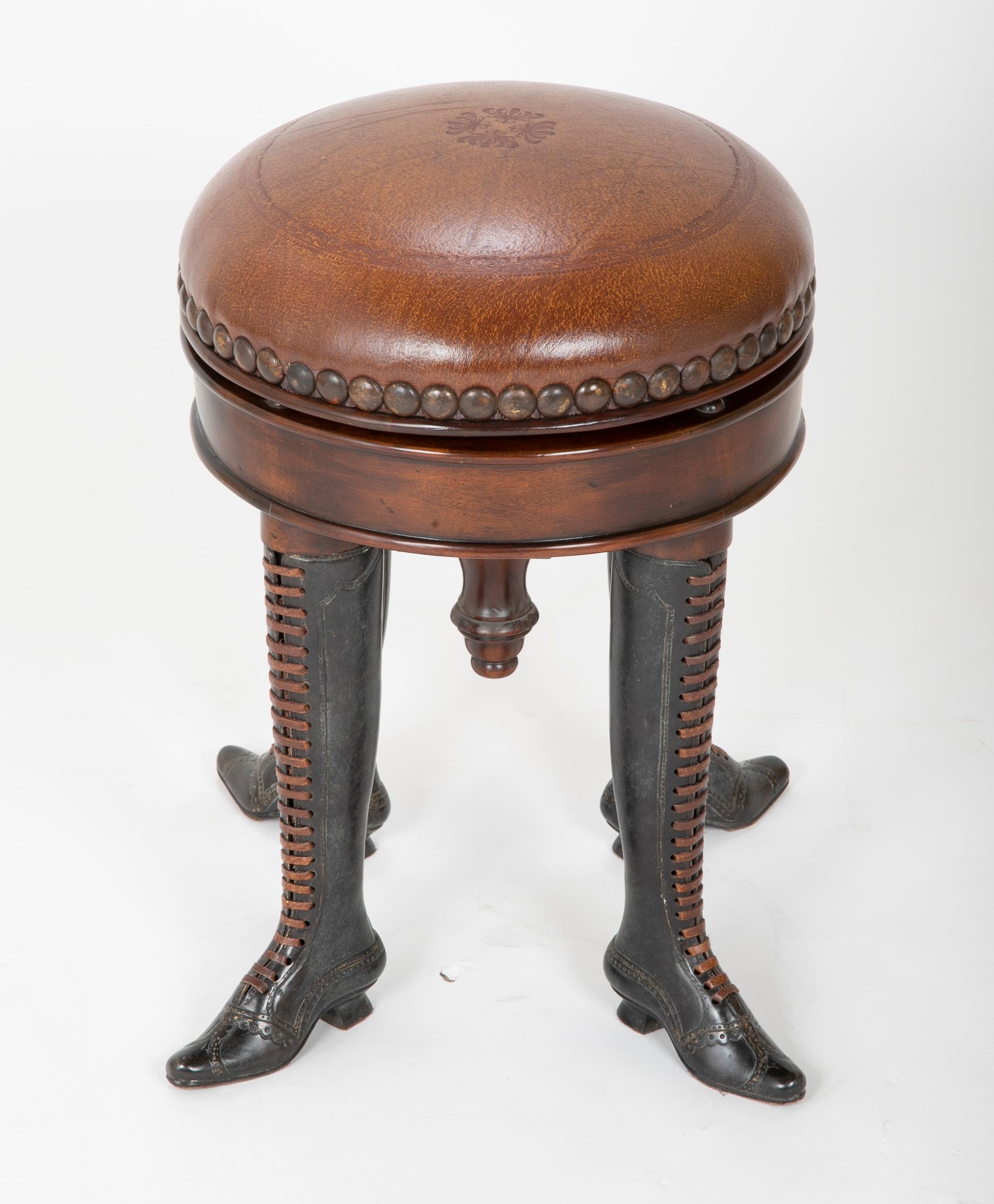 20th Century Bronze Four Legged Adjustable Revolving Stool with Leather Upholstered Seat For Sale