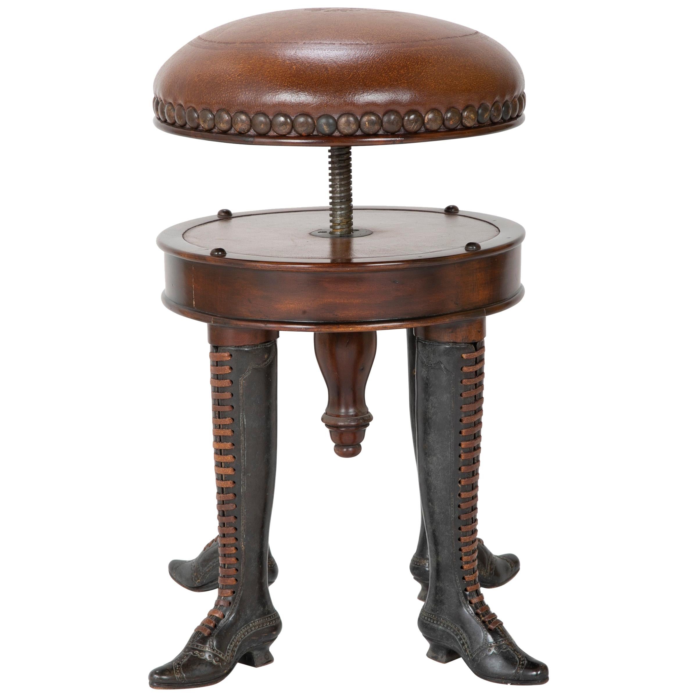 Bronze Four Legged Adjustable Revolving Stool with Leather Upholstered Seat For Sale