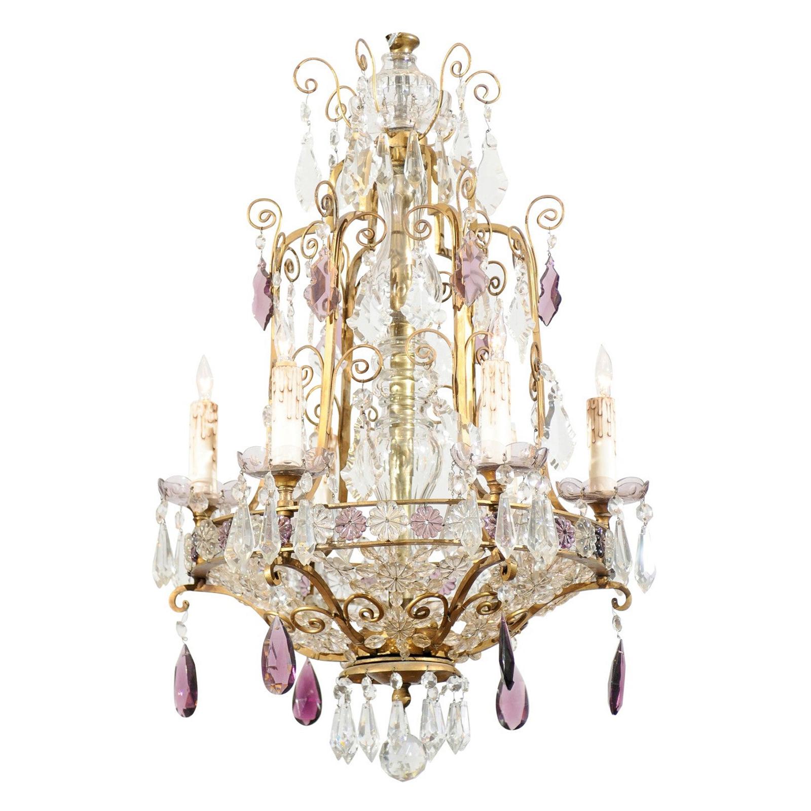 Bronze Frame Chandelier with Clear and Amethyst Colored Prisms, circa 1890-1920 For Sale
