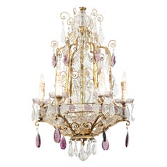 Bronze Frame Chandelier with Clear and Amethyst Colored Prisms, circa 1890-1920