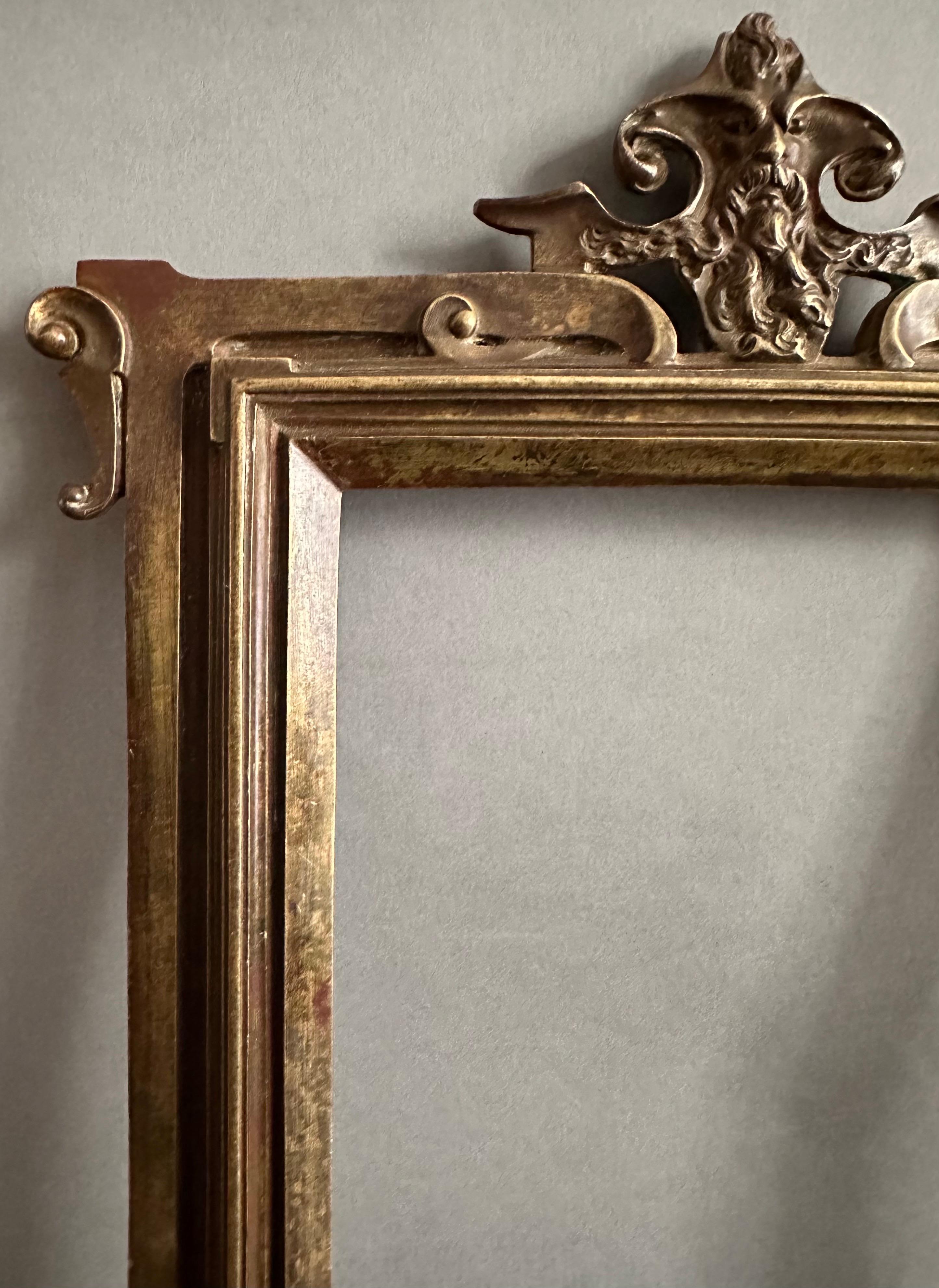 Patinated Bronze Frame Late 19th “Art Nouveau” Period Pediment Figure of Silenus  For Sale